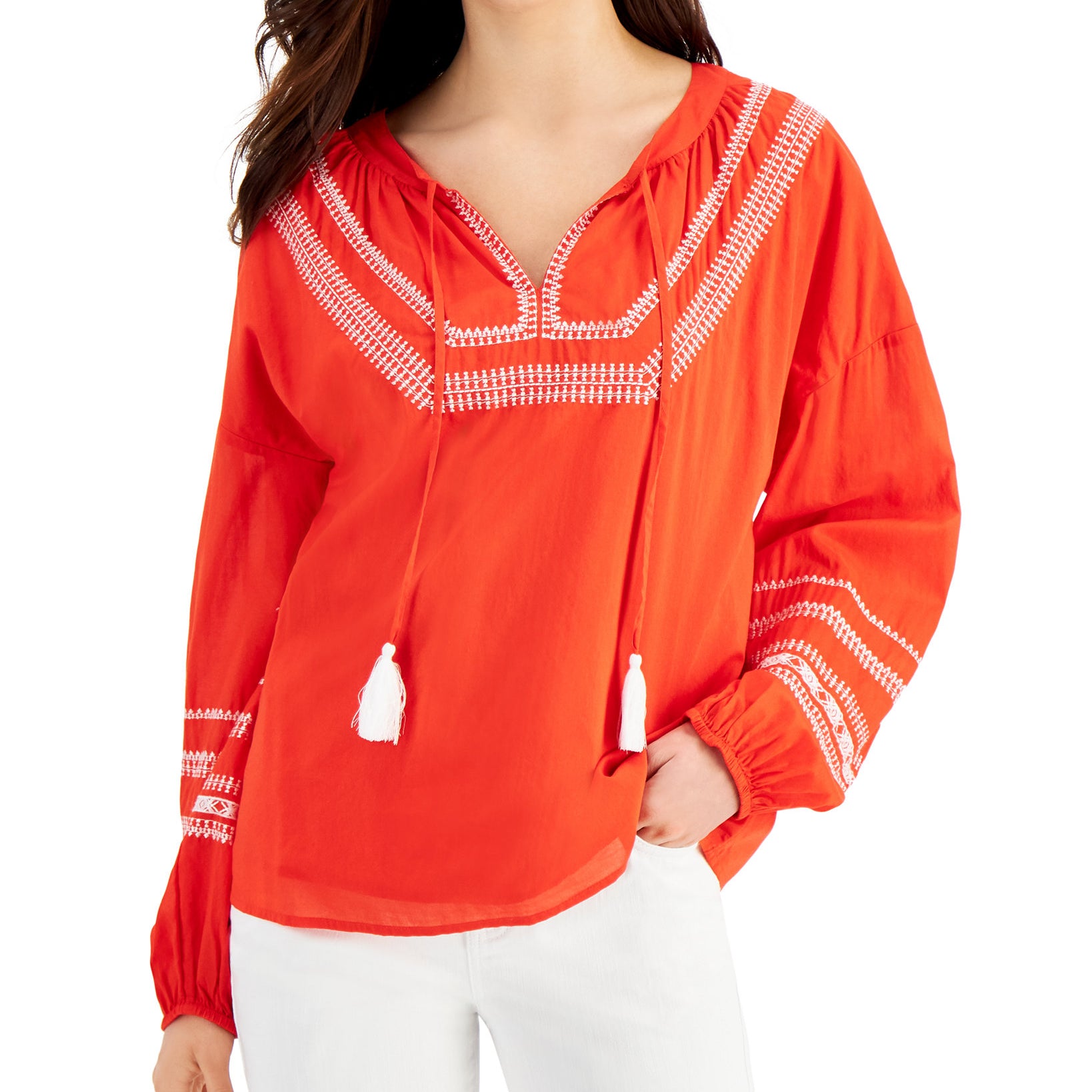 Style & Co Women Embroidered Peasant Top Loving Red