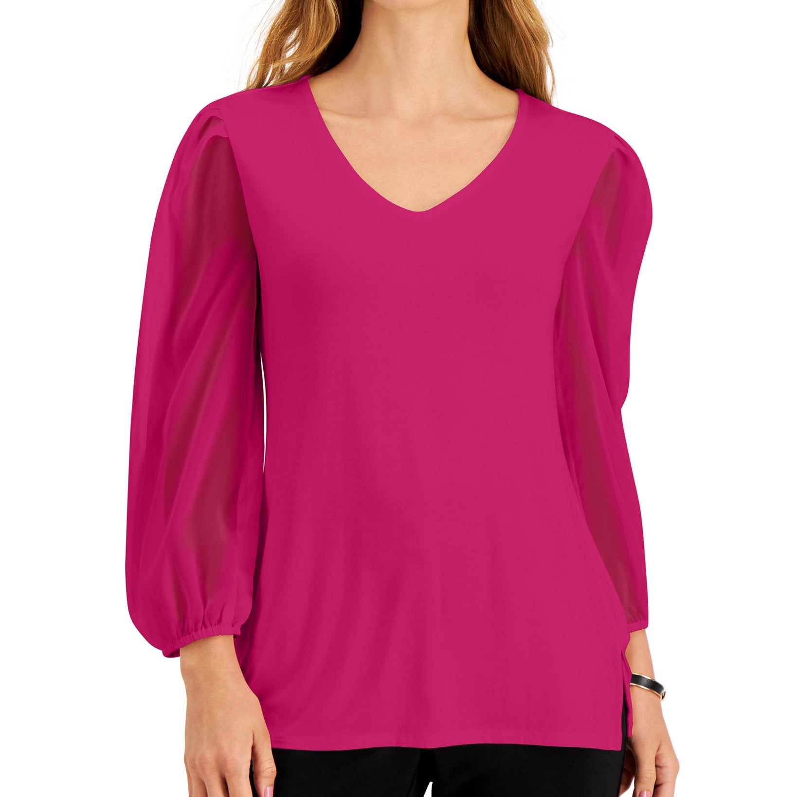 JM Collection Women Sheer Sleeve Top Pink Peacock