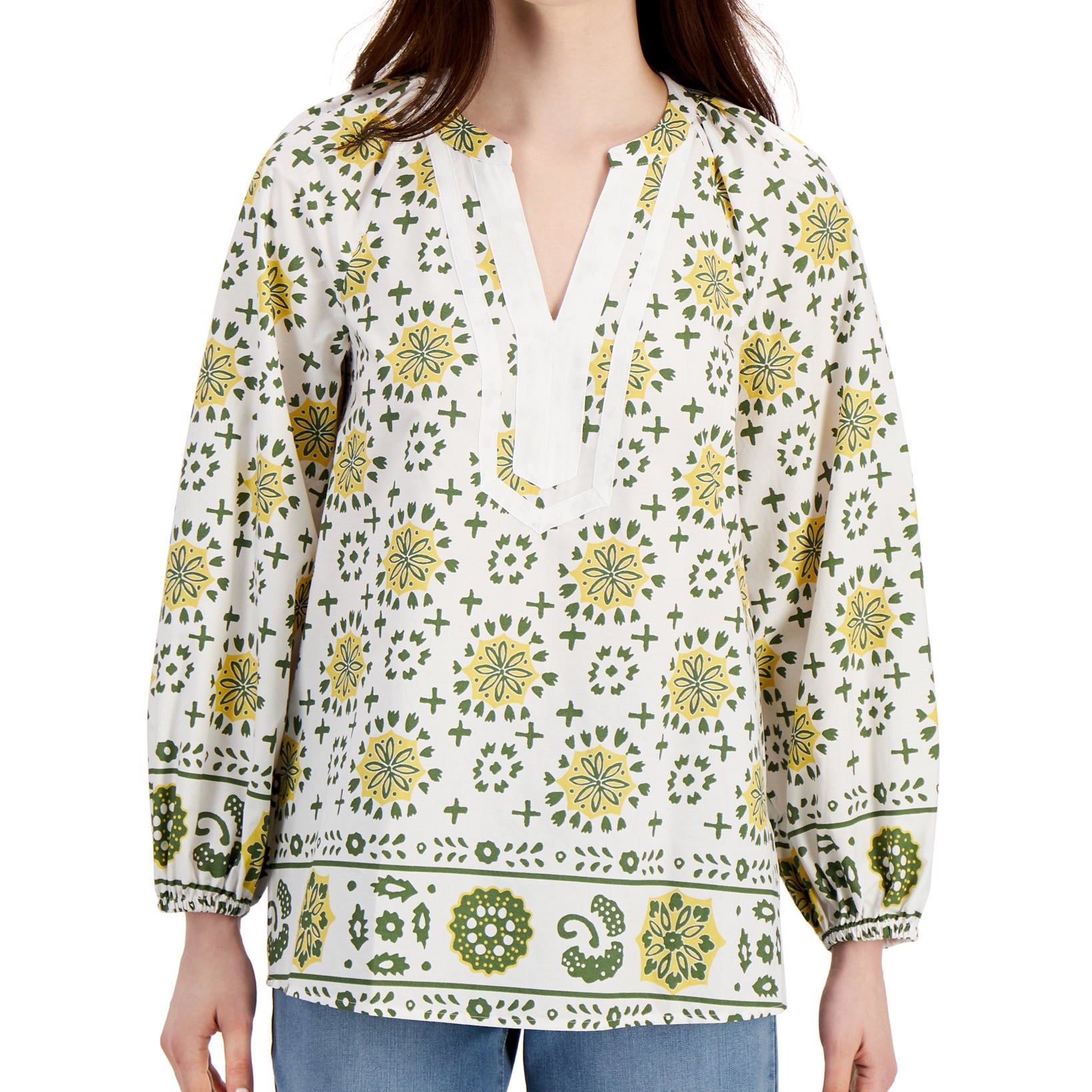 Charter Club Womens Petite Cotton Border Print Tunic Bright White Combo