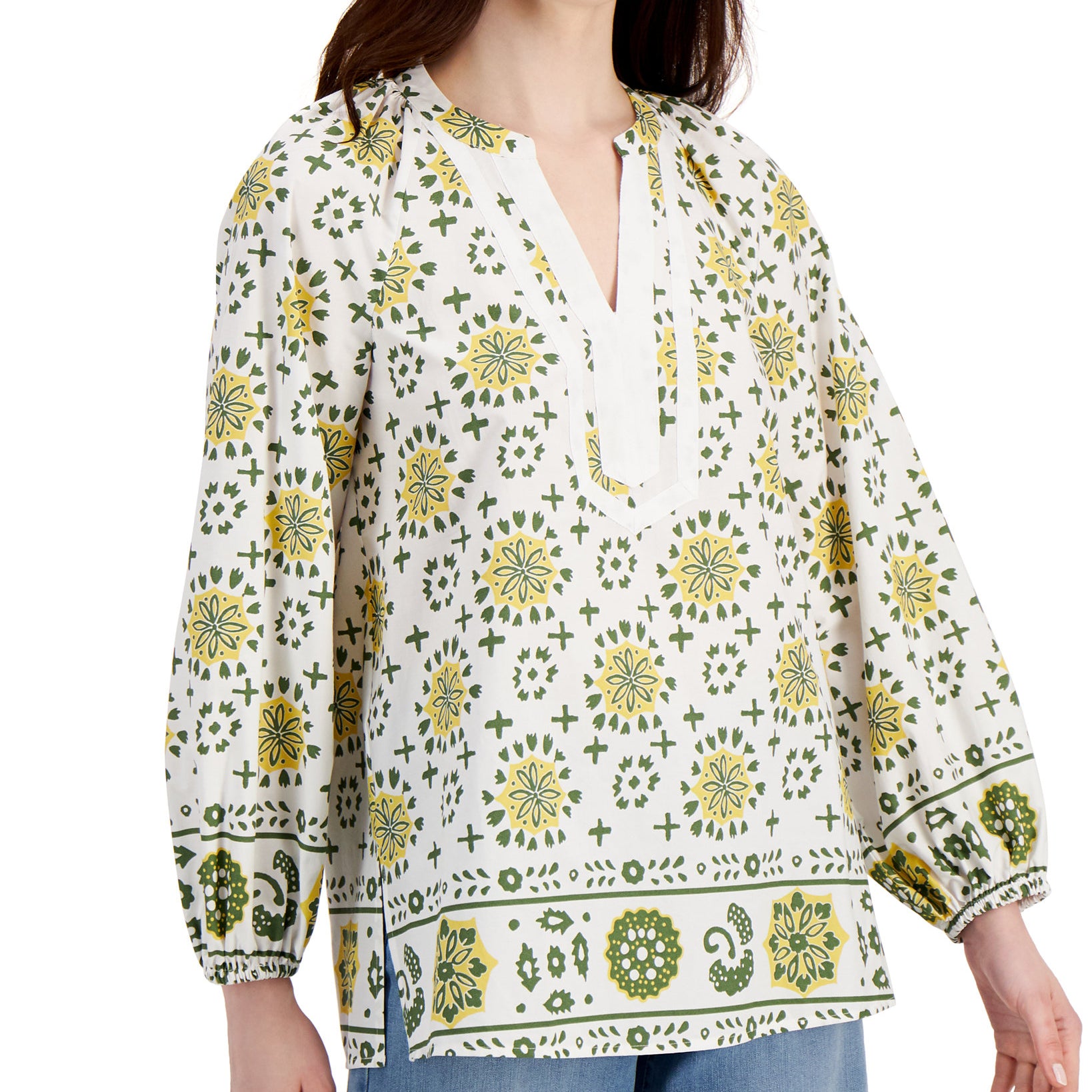 Charter Club Womens Petite Cotton Border Print Tunic