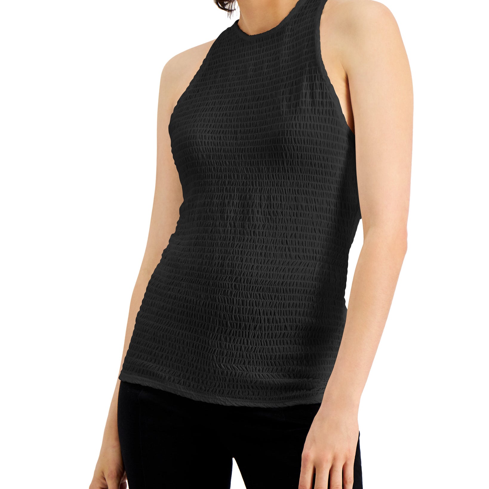 INC International Concepts Women Smocked Halter Top Deep Black