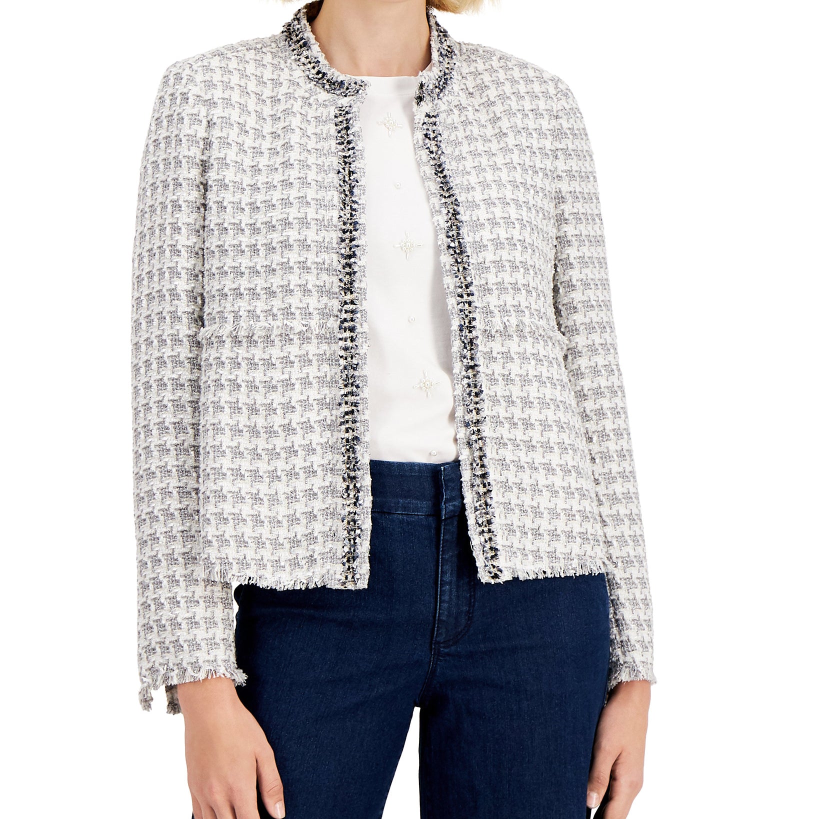 Charter Club Women Tweed Jacket Grey Cloud Combo