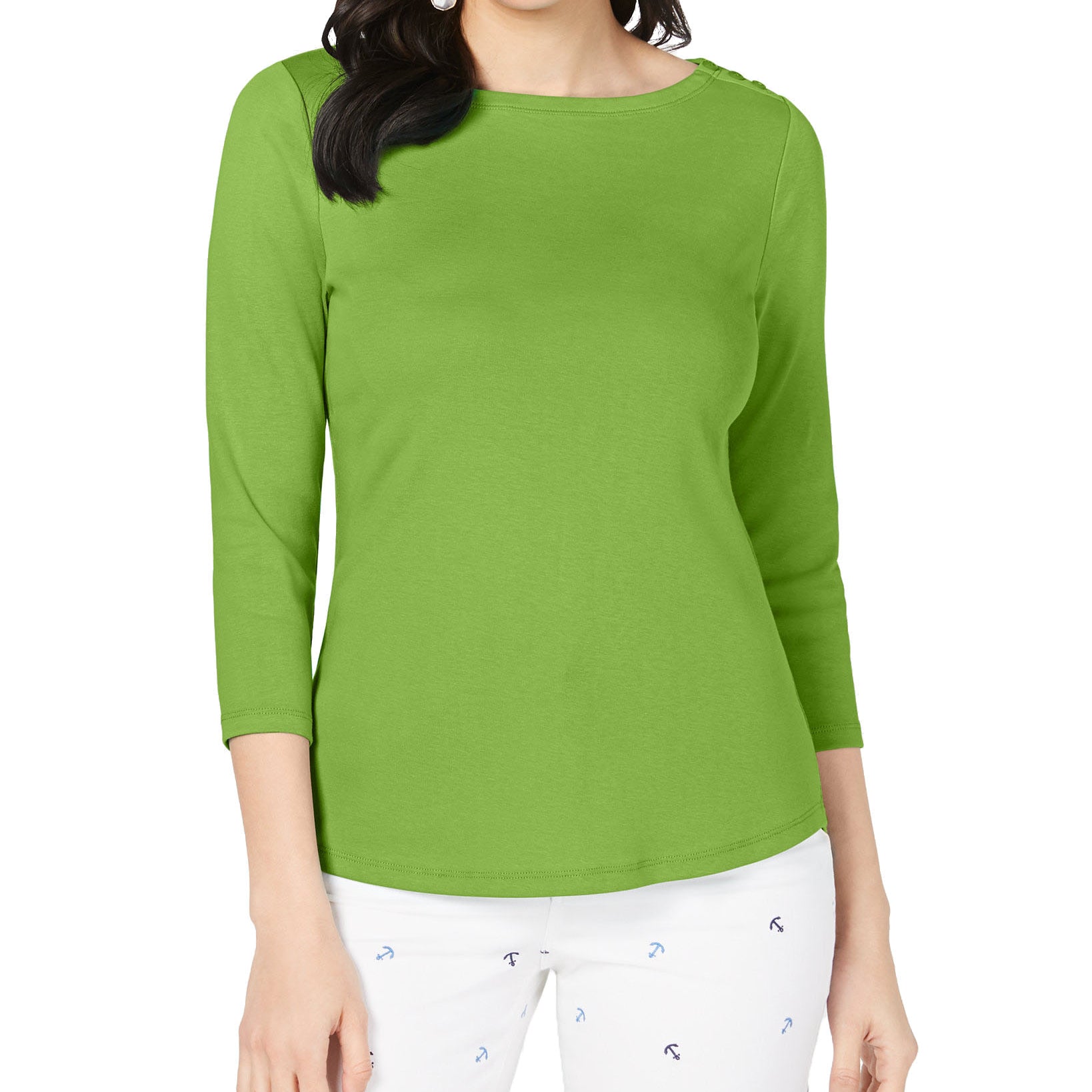 Charter Club Women Pima Cotton Boat Neck Button Shoulder Top Green Gemstone