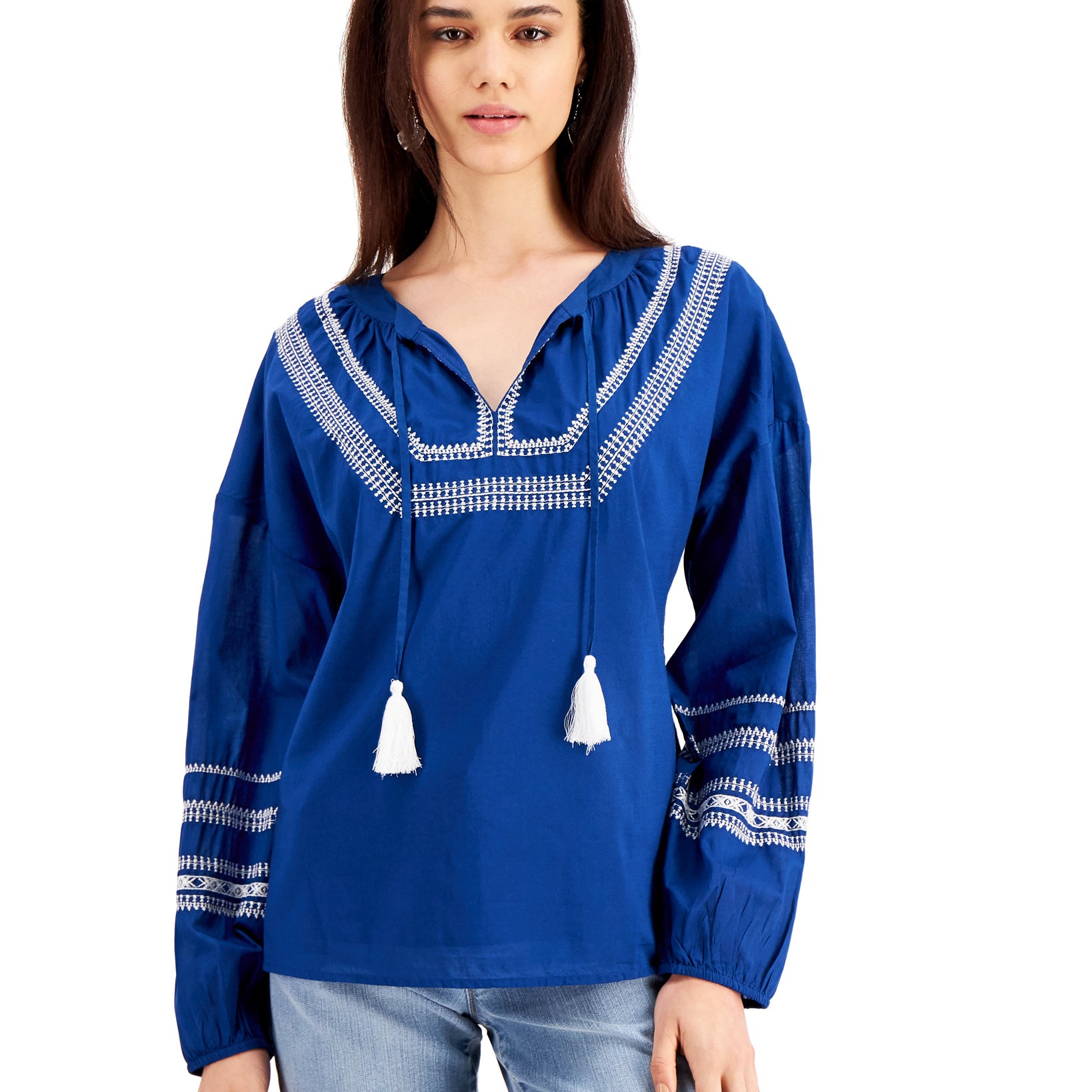 Style & Co Women Embroidered Peasant Top Navy Peony