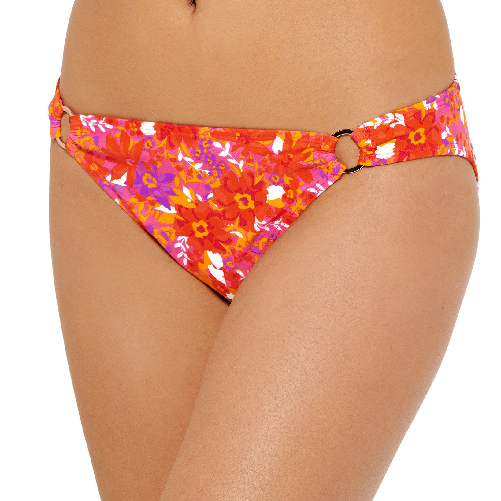 Hula Honey Women Bold Bouquet Printed Ring Bikini Bottoms Orange Pink Multi