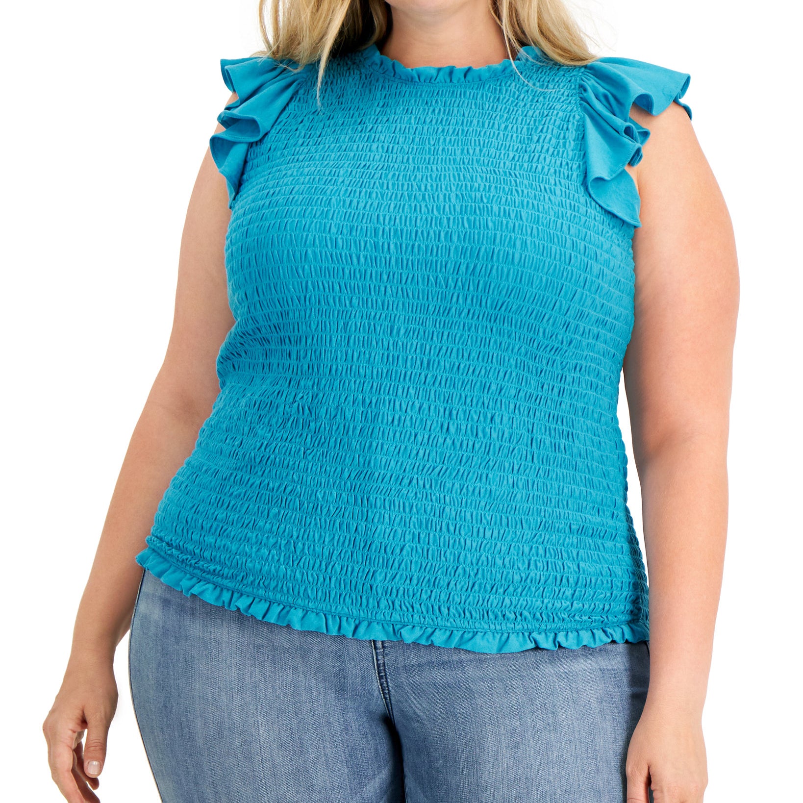 INC International Concepts Women Plus Ruffled Smocked Top Aztec Teal