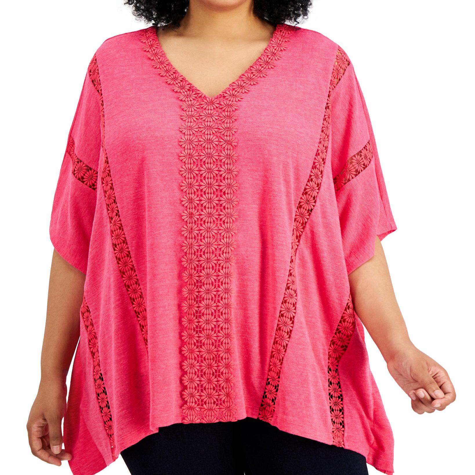 JM Collection Women Plus Crochet Trim Poncho Top Berry Sorbet