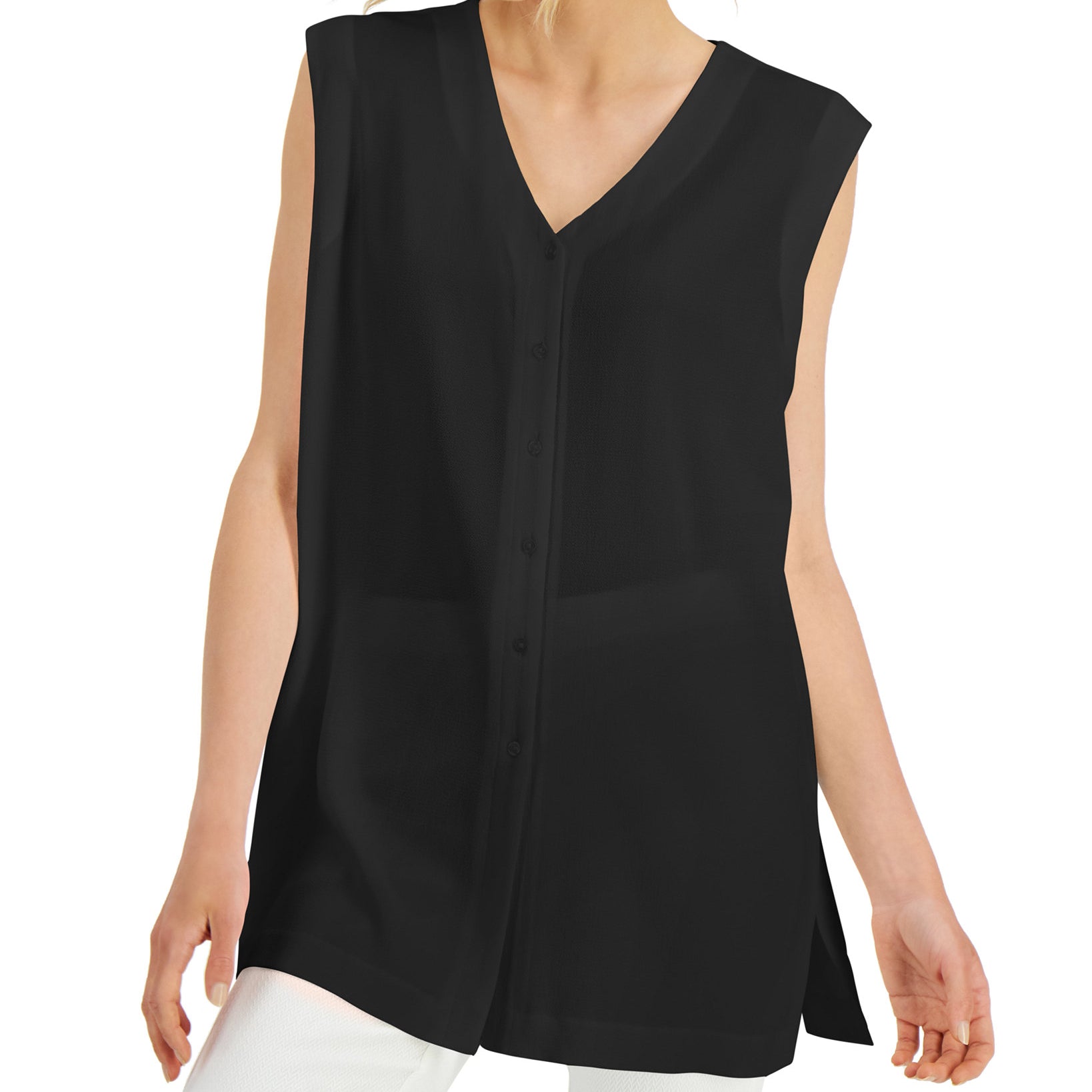 Alfani Women Solid Button Down V Neck Tunic Top Deep Black