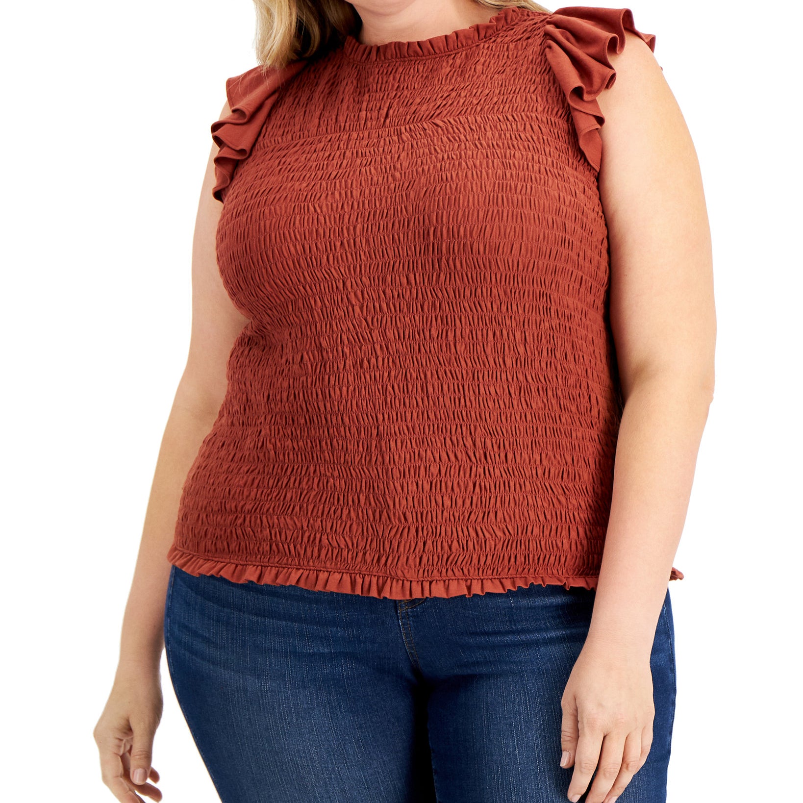 INC International Concepts Women Plus Ruffled Smocked Top Henna