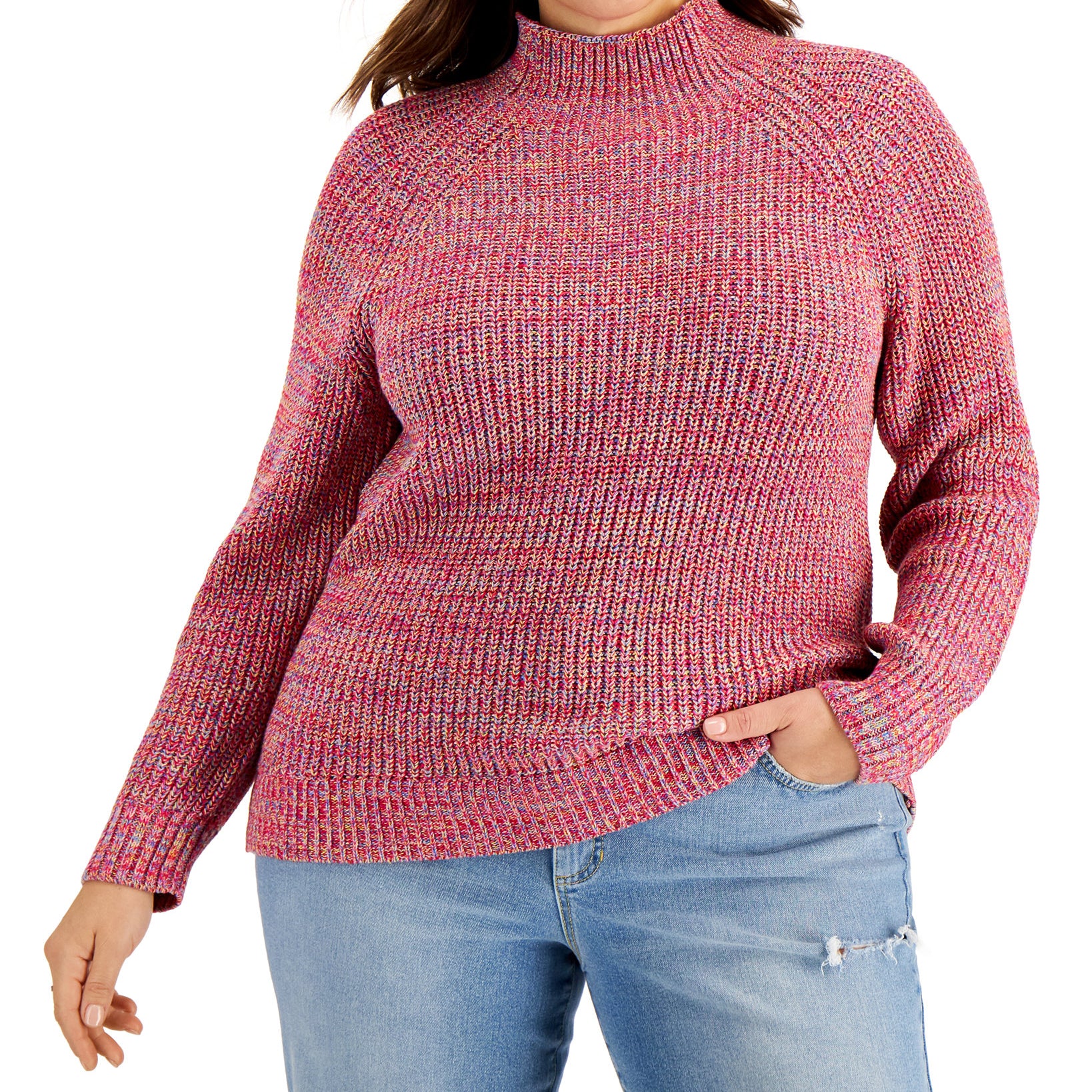 Style & Co Women Plus Cotton Marled Funnel Neck Sweater Marled Multi Combo