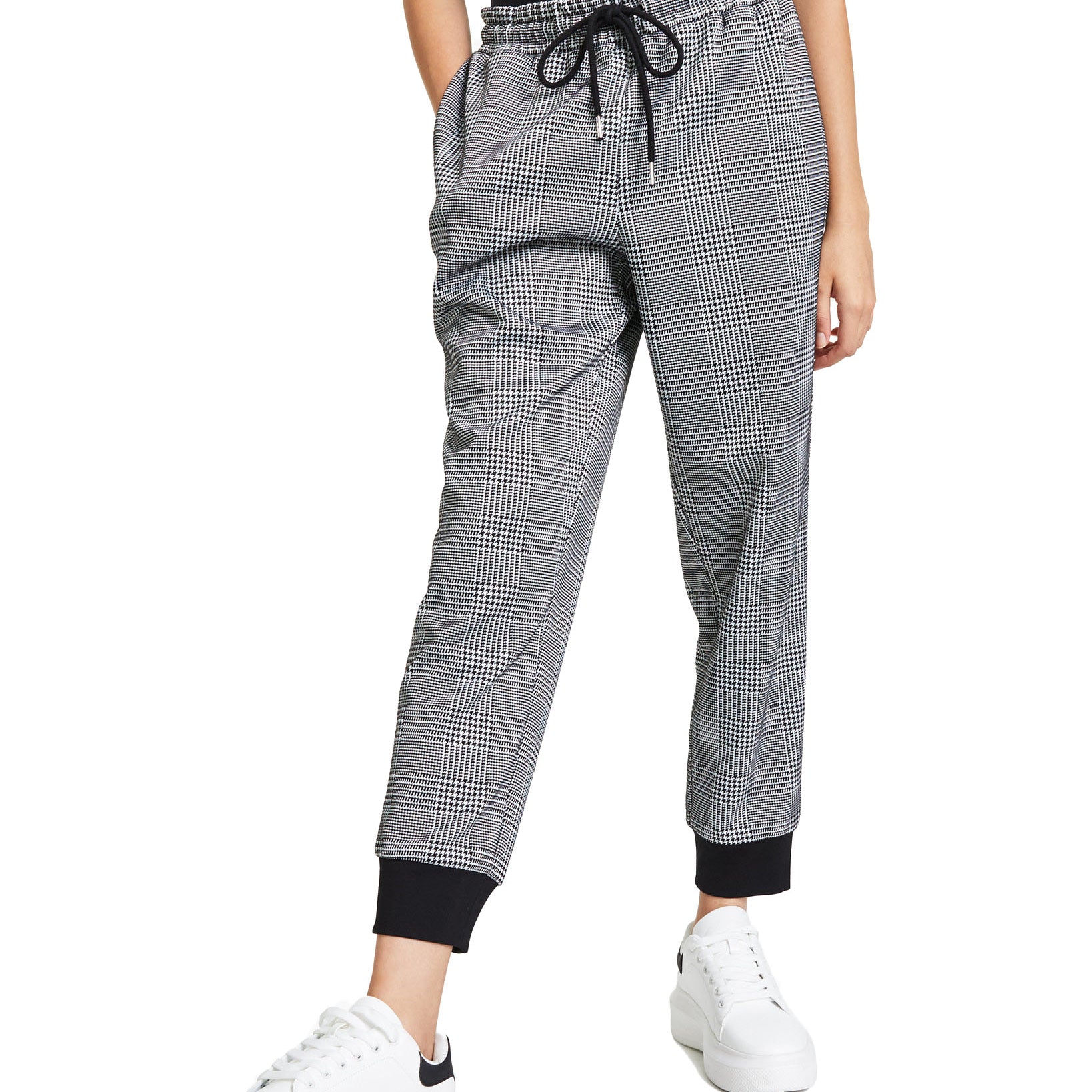 Bar III Women Tapered Plaid Joggers Black White