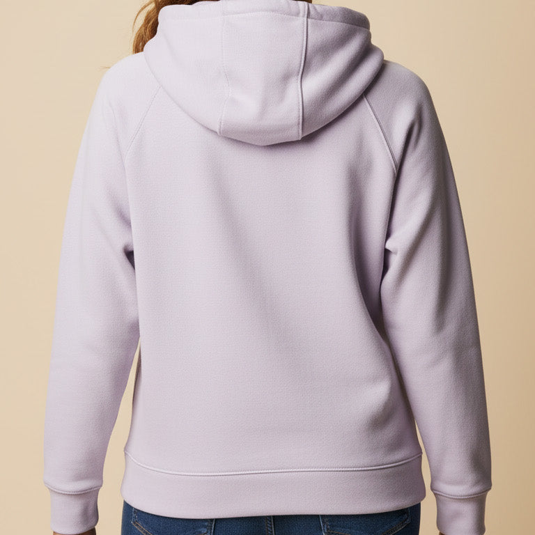 Person wearing a light purple hoodie from behind on a beige background