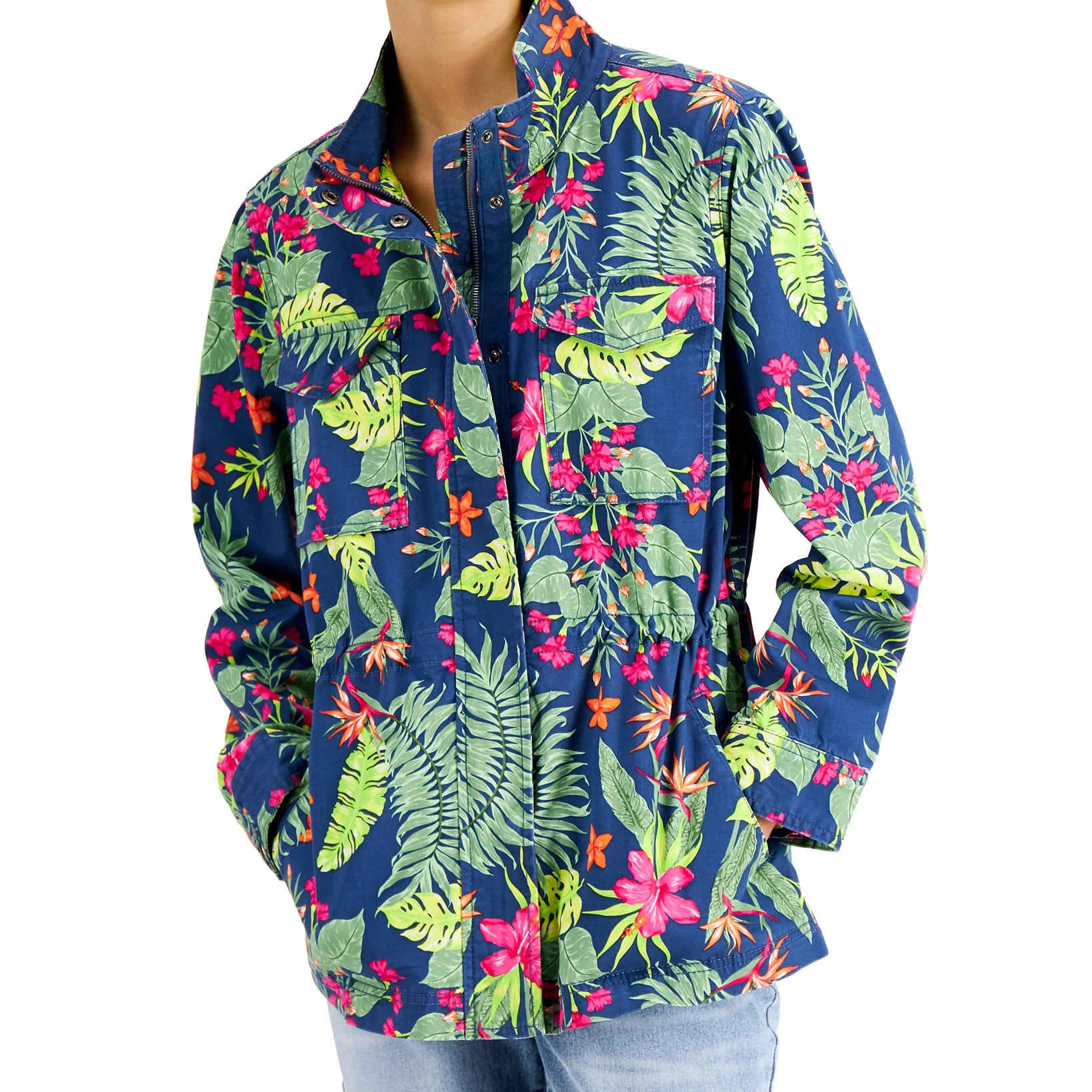 Style & Co Women Printed Utility Jacket Deep Harbour