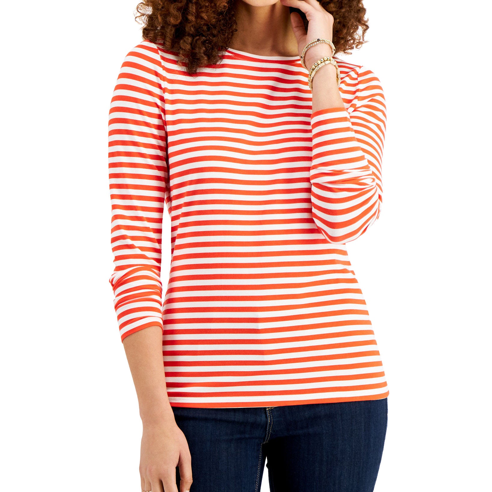 Style & Co Women Striped Long Sleeve T Shirt Red Stripe