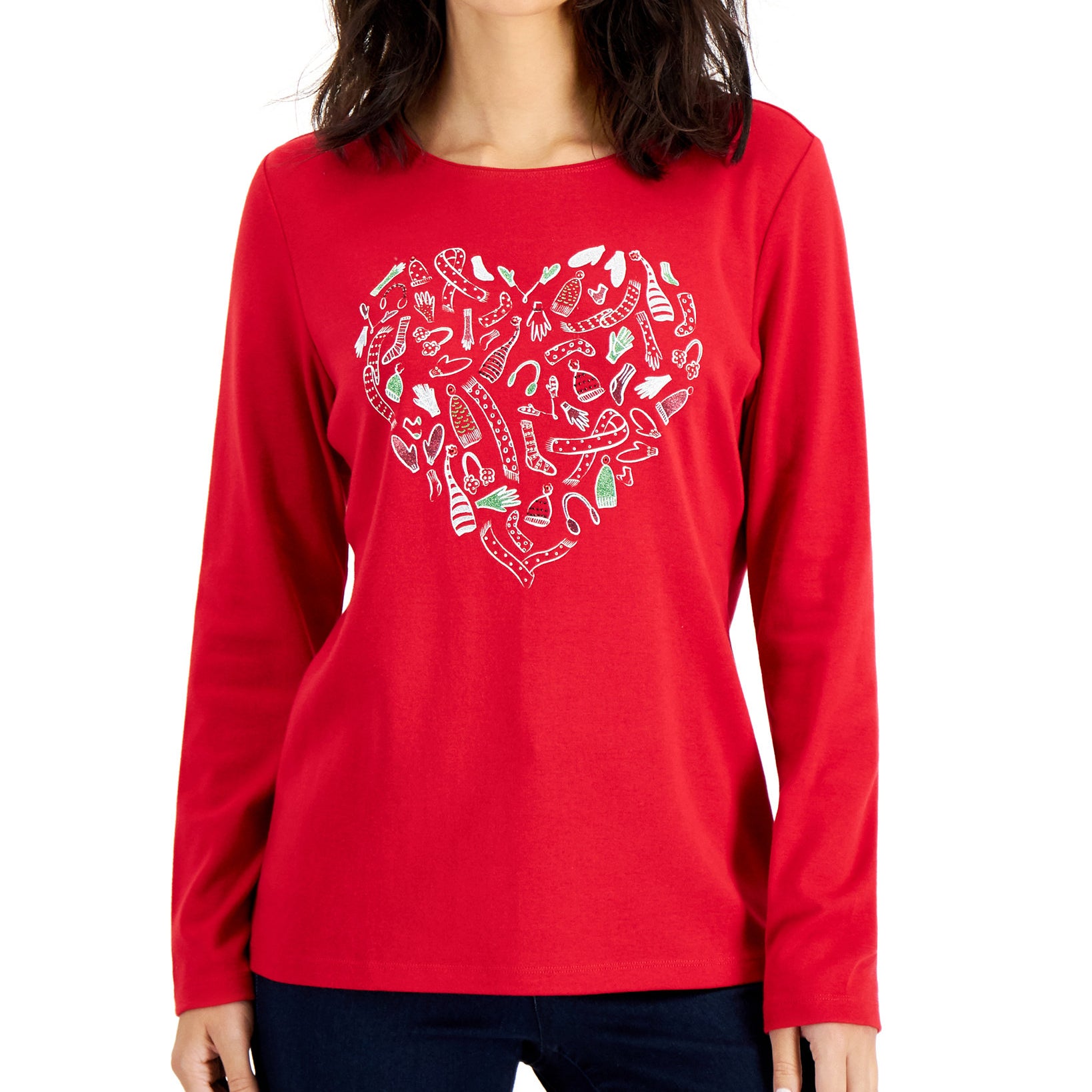 Karen Scott Women Petite Cotton Love Knit Graphic Print Top New Red Amore