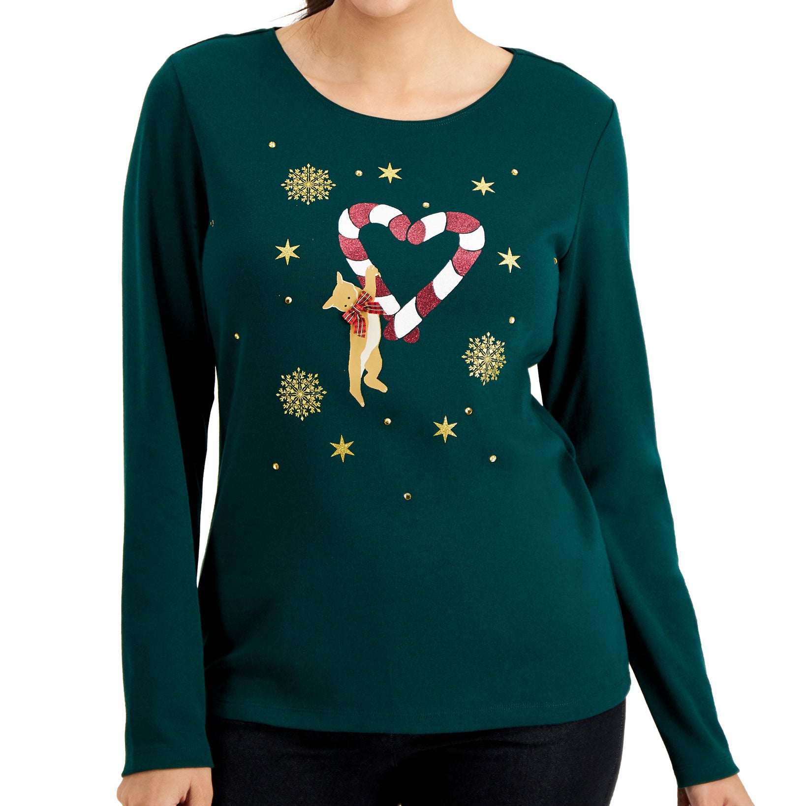 Karen Scott Women Holiday Cat Cotton Top Spruce Night