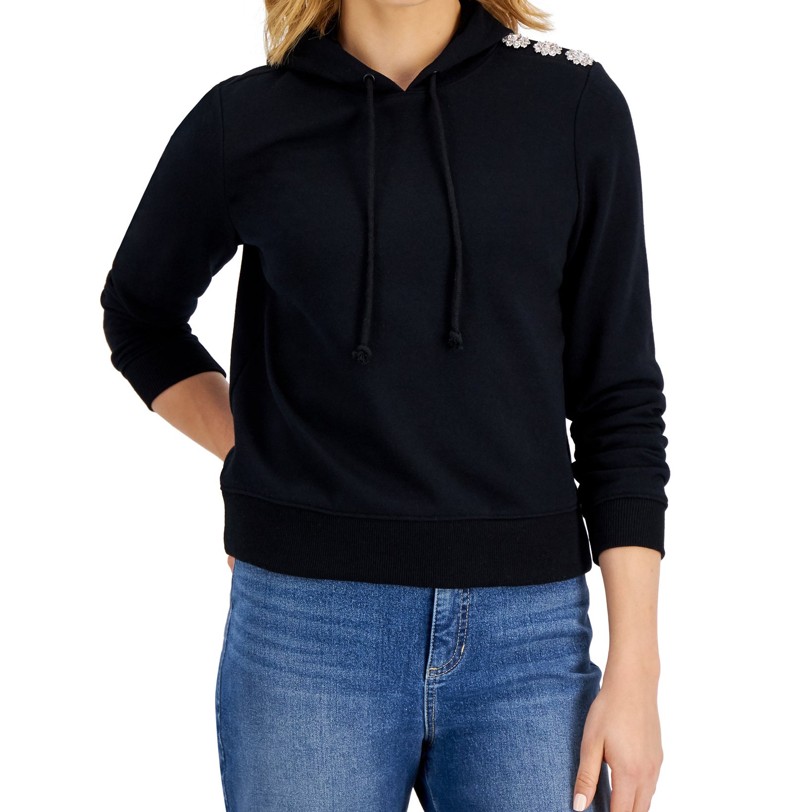 Charter Club Women Button Trim Hoodie Deep Black