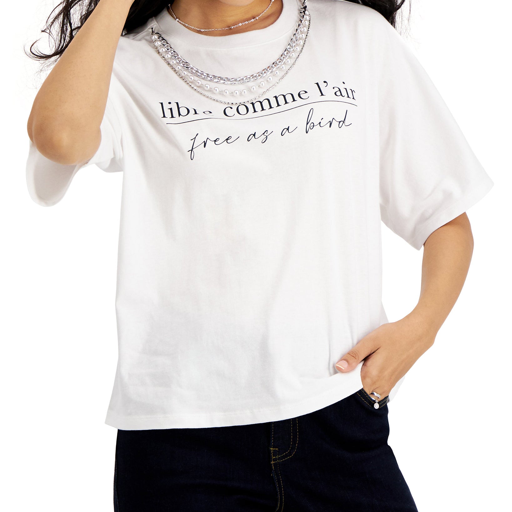 INC International Concepts Women Short Sleeve Necklace T Shirt Bright White