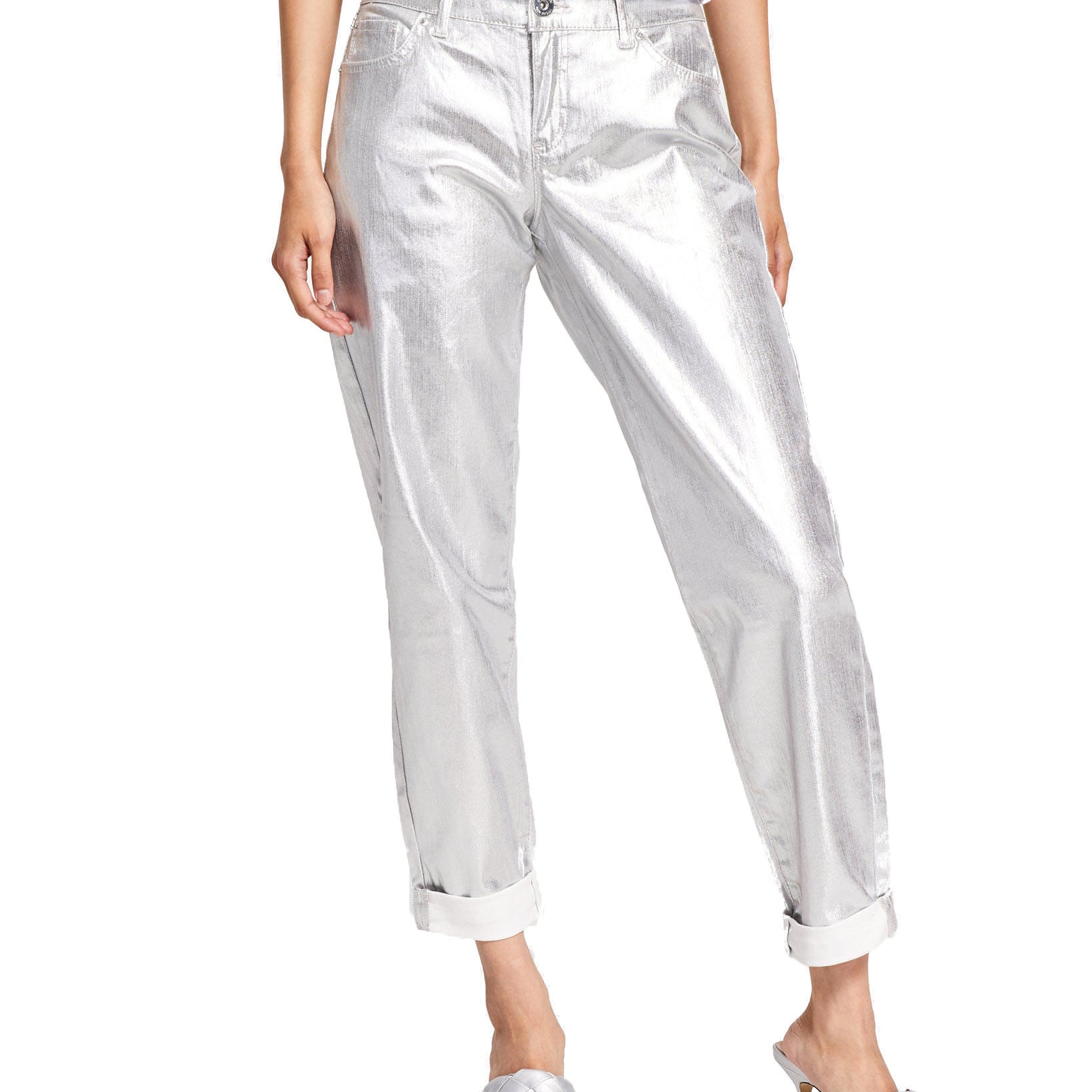 INC International Concepts Women Metallic Boyfriend Jeans Silver Metallic