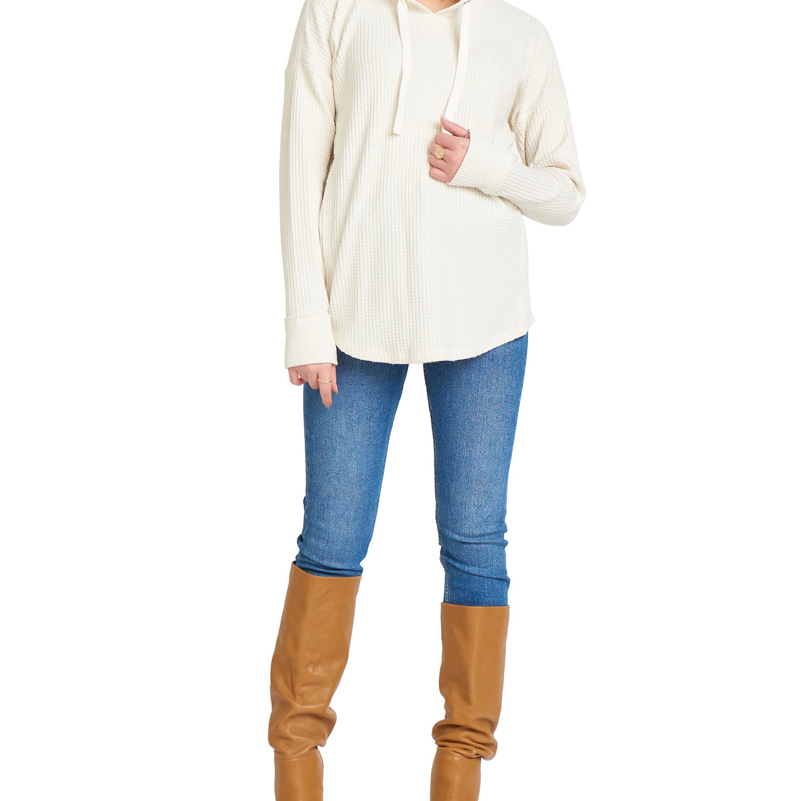 Black Tape Women Cozy Waffled Drawstring Hoodie Off White