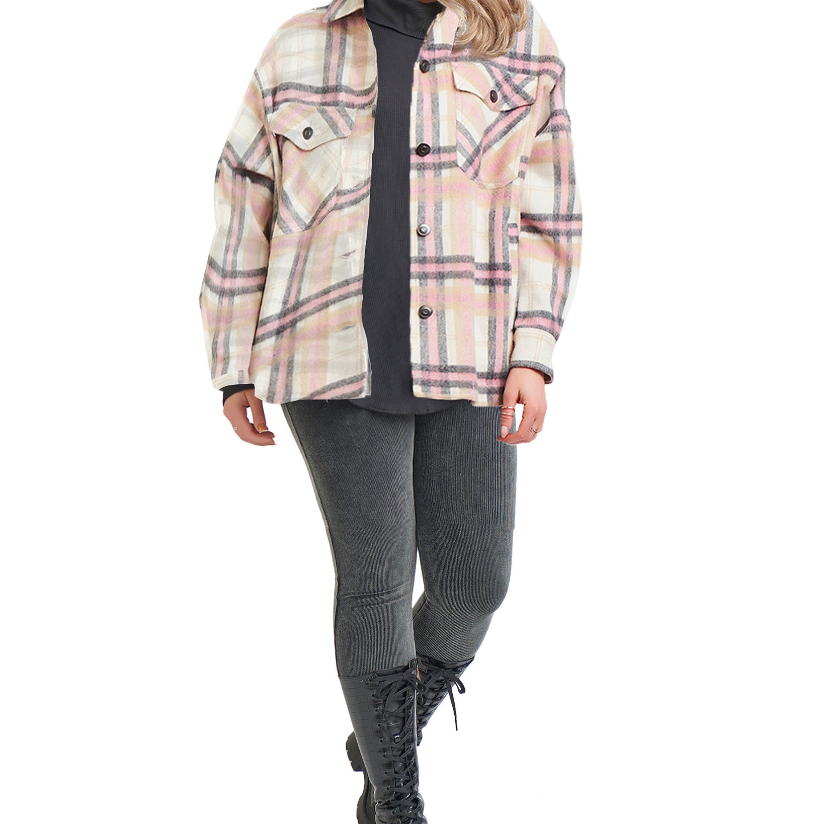 Black Tape Women Plus Plaid Overcoat White Pink Plaid