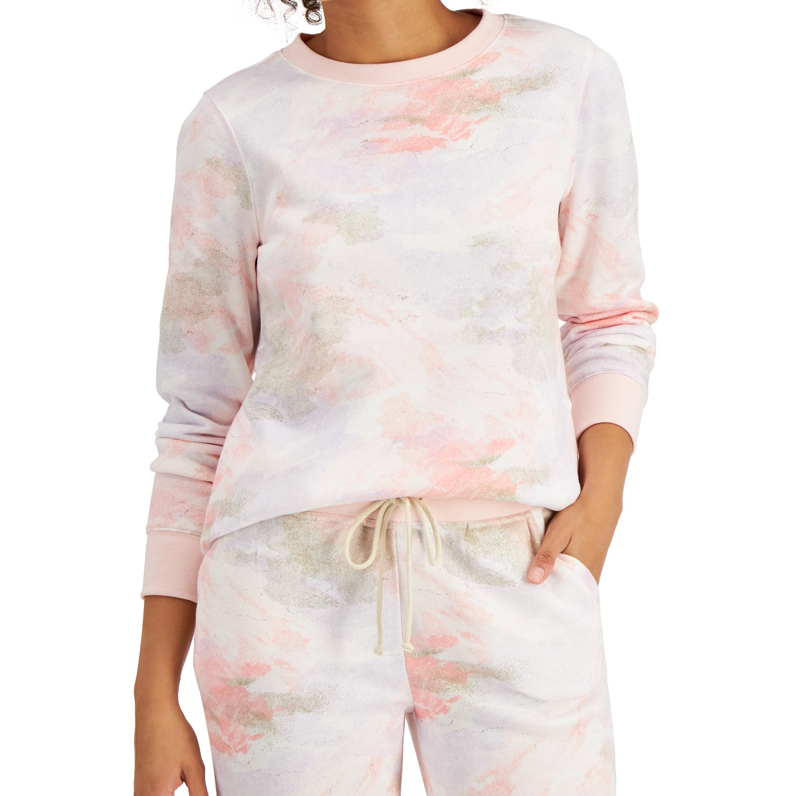 Style & Co Women Petite Dot Camo Crewneck Sweatshirt Pink Camo