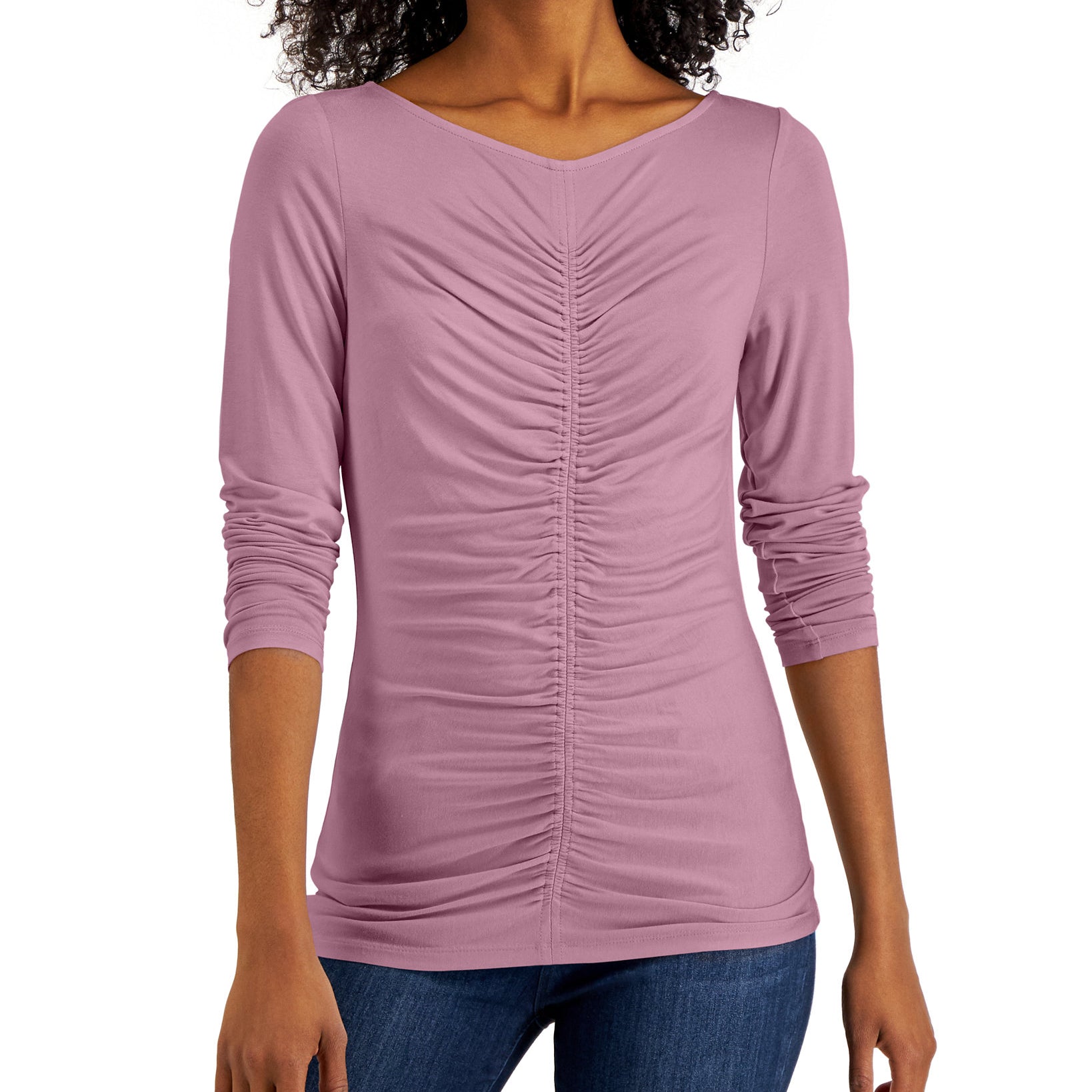 INC International Concepts Women Ruched Long Sleeve Top Evening Mauve