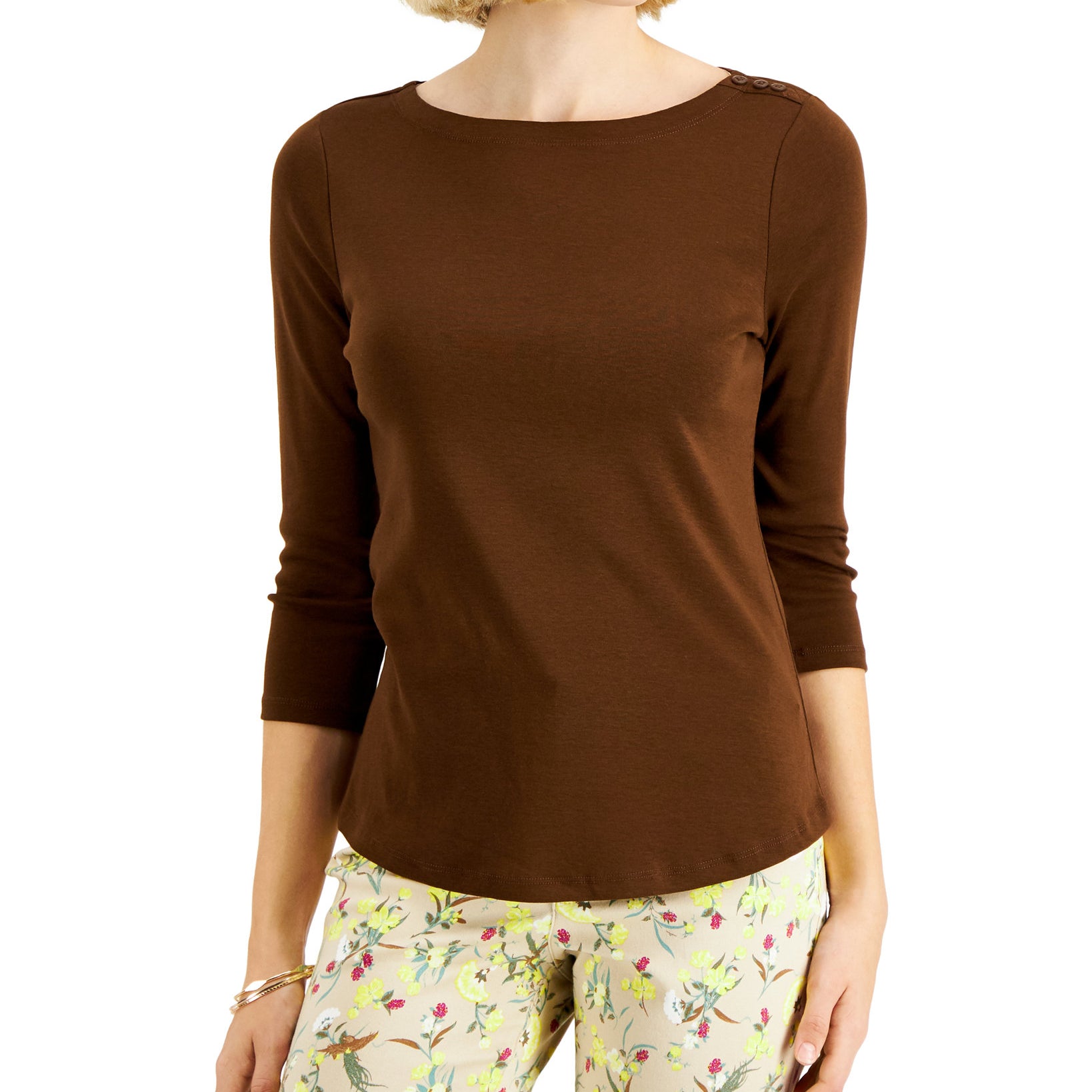 Charter Club Women Pima Cotton Boat Neck Button Shoulder Top Classic Brown