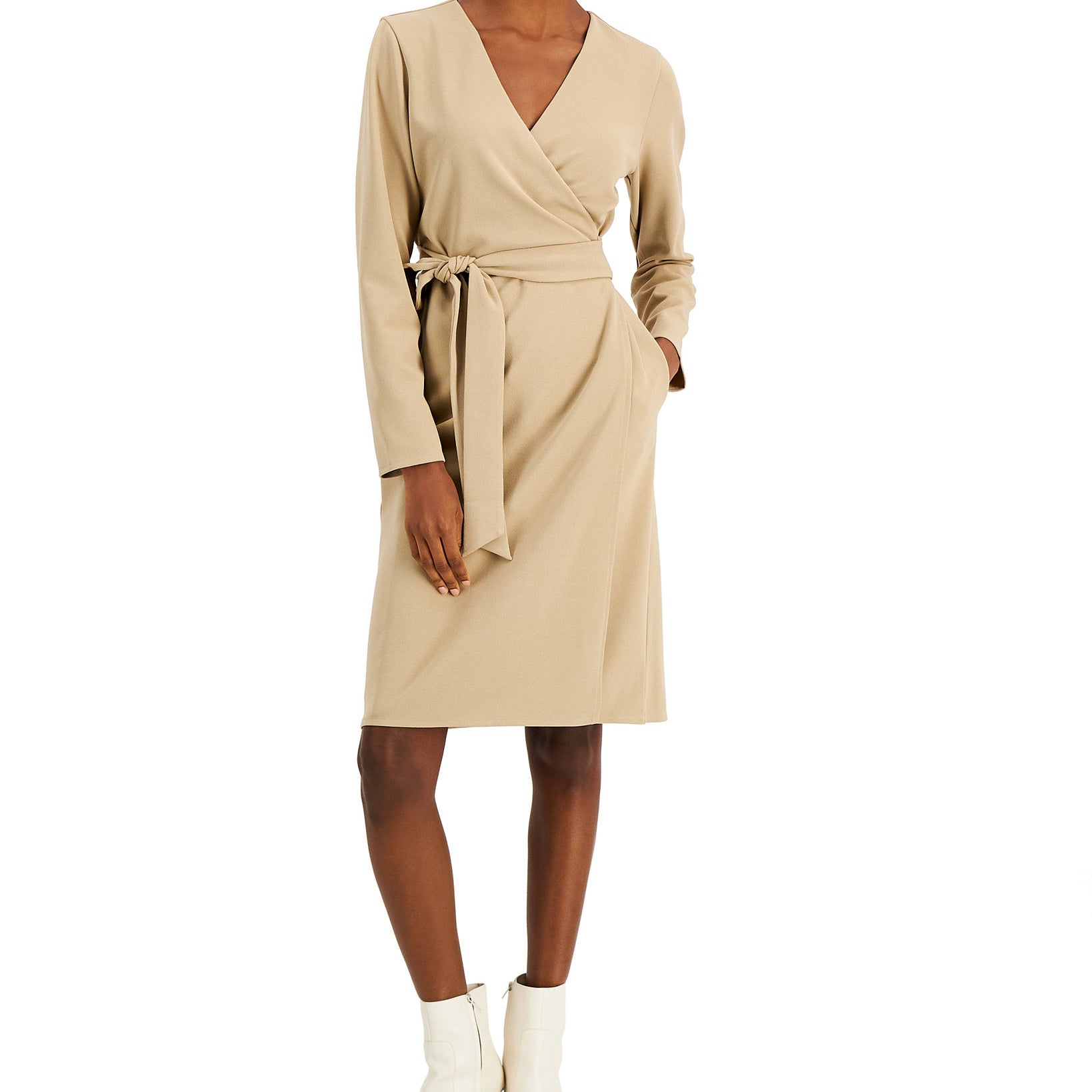 Alfani Women Petite Belted Wrap Dress Fresh Almond