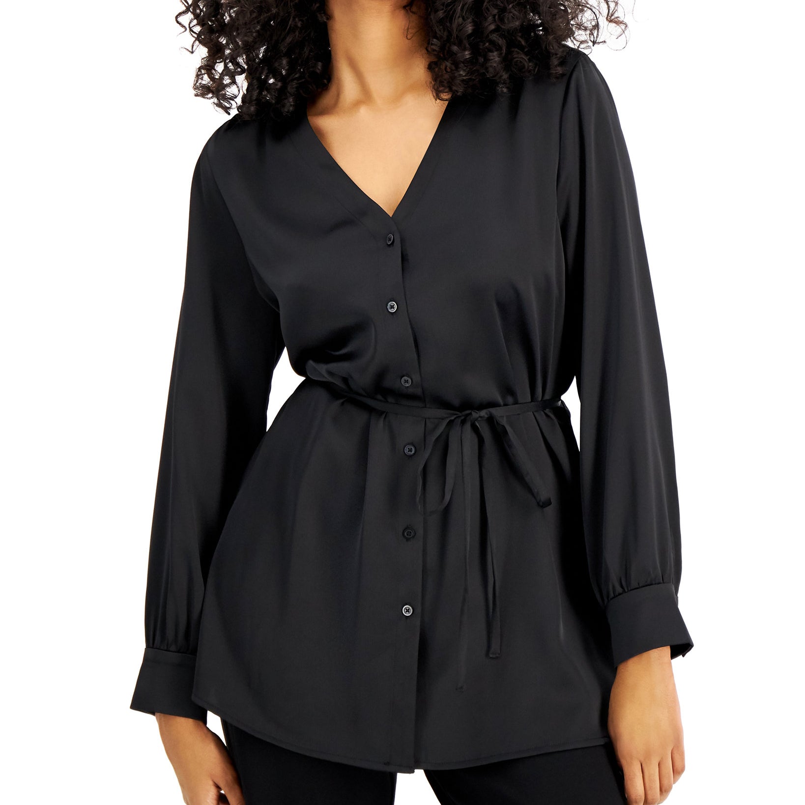 Alfani Womens Petite Tie Waist Top Deep Black