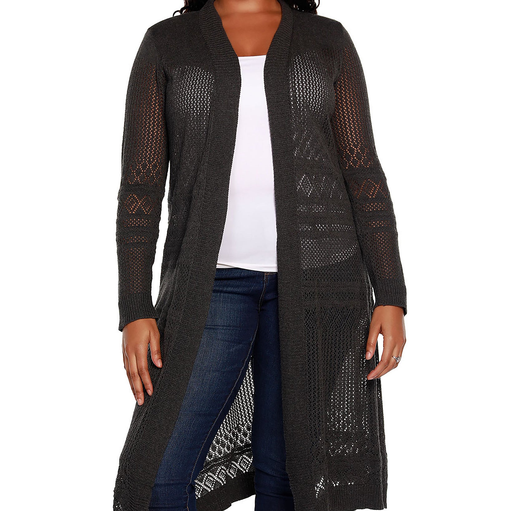 Style & Co Women Plus Belldini Pointelle Stitch Duster Cardigan Heather Charcoal