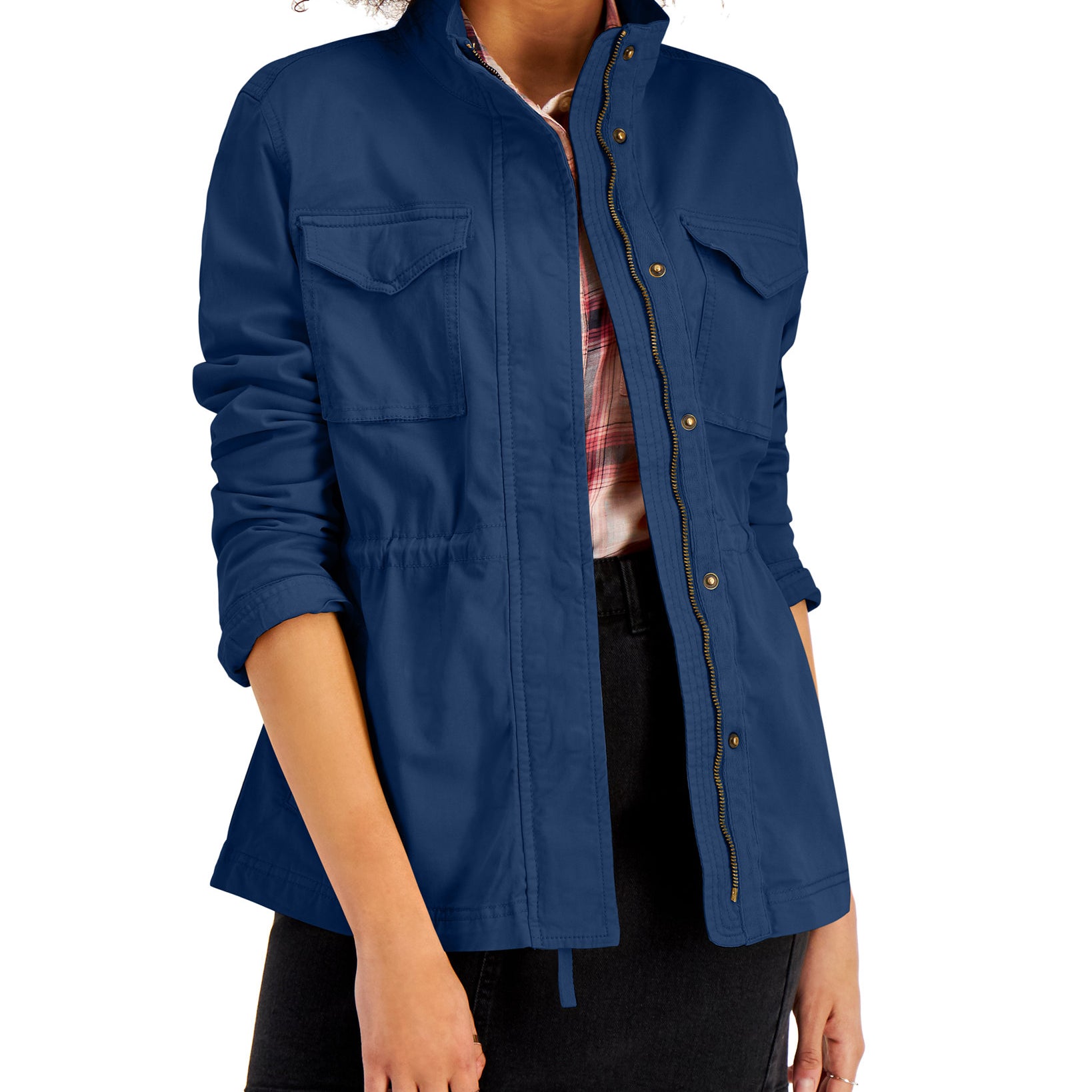 Style & Co Women Twill Jacket Navy Peony