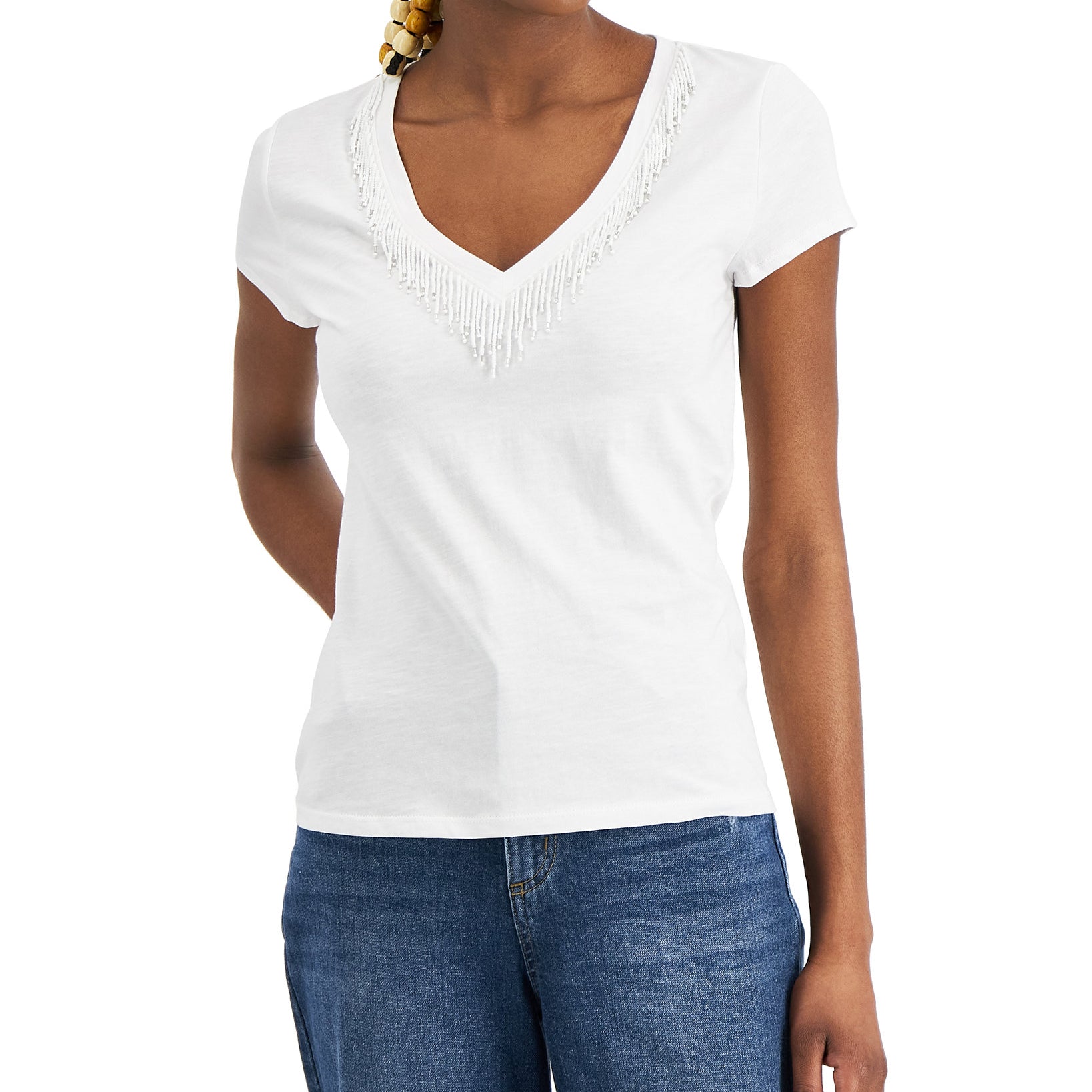 INC International Concepts Women Plus Beaded V Neck Top Bright White