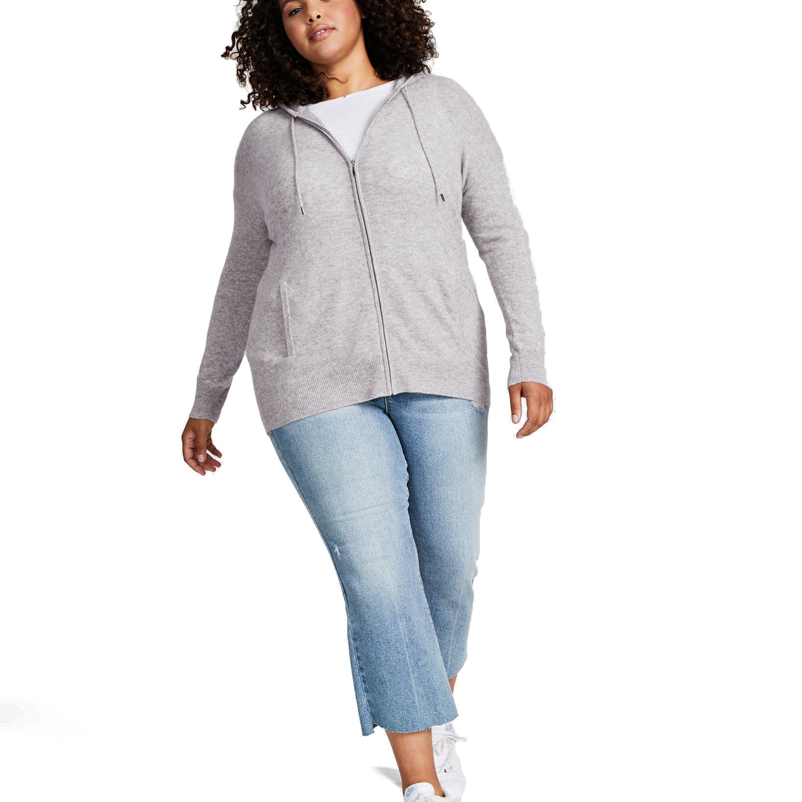 Charter Club Women Plus Petite Cashmere Zip Up Hoodie Ice Grey Heather