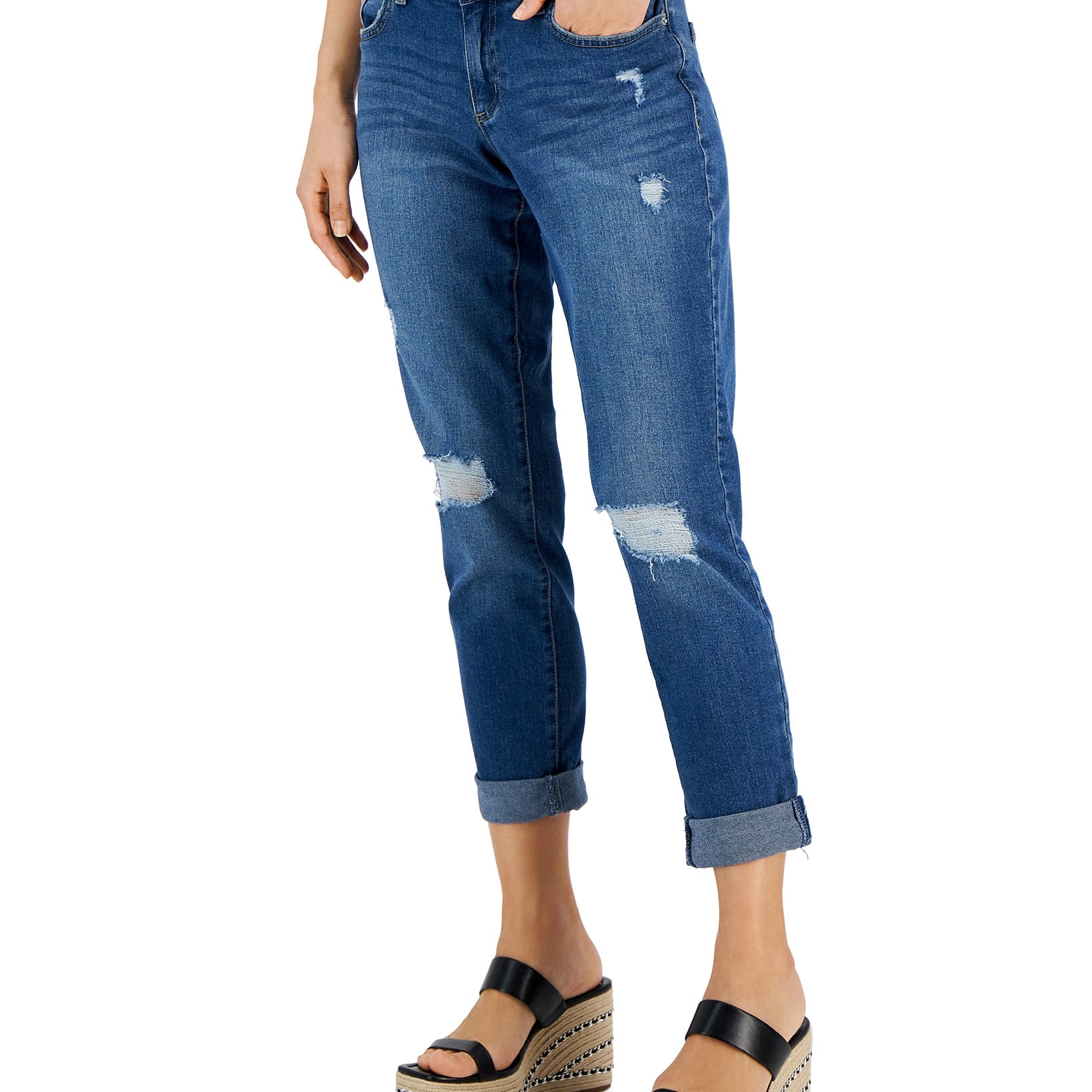 INC International Concepts Women Curvy Mid Rise Ripped Straight Leg Jeans Portside Wash