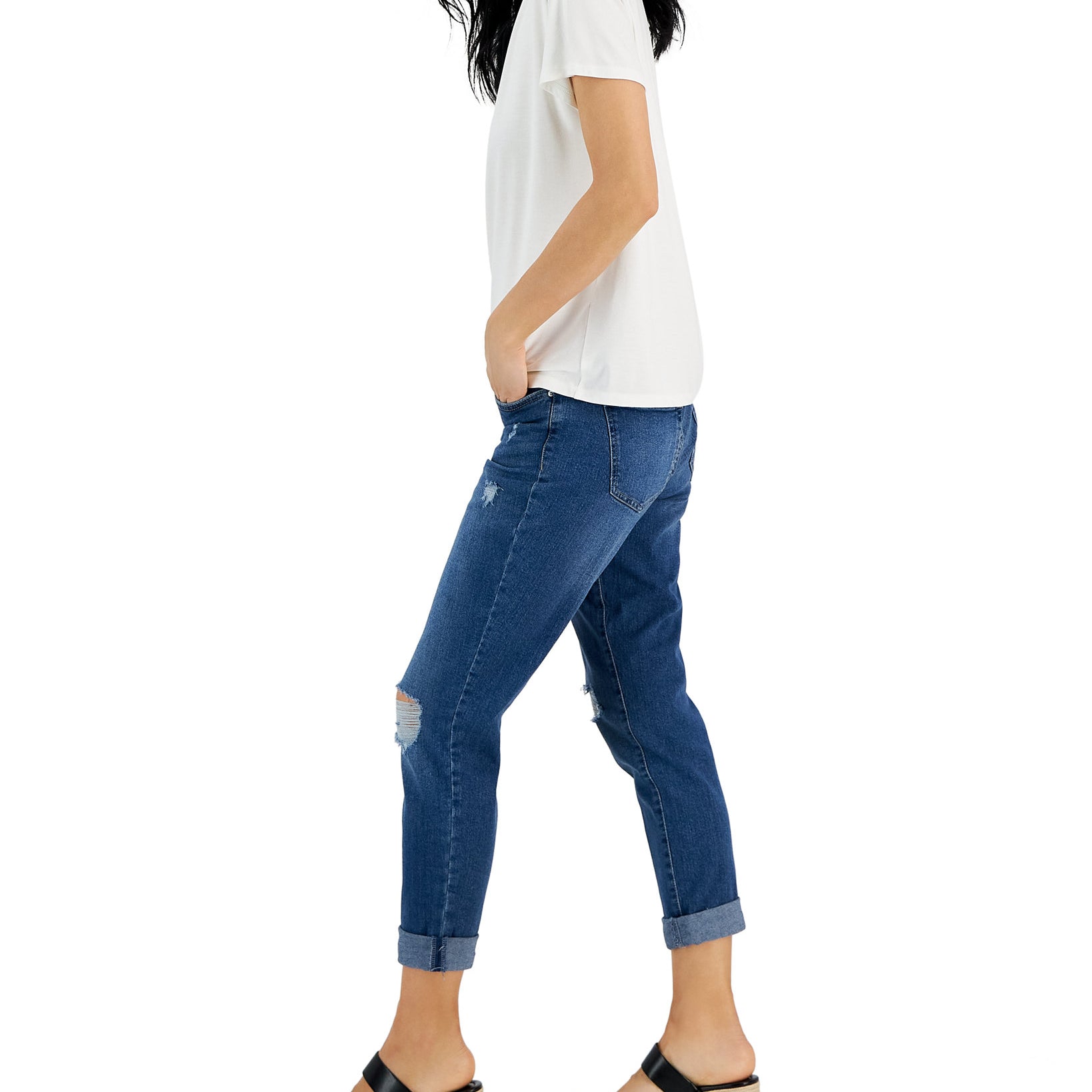 INC International Concepts Women Curvy Mid Rise Ripped Straight Leg Jeans
