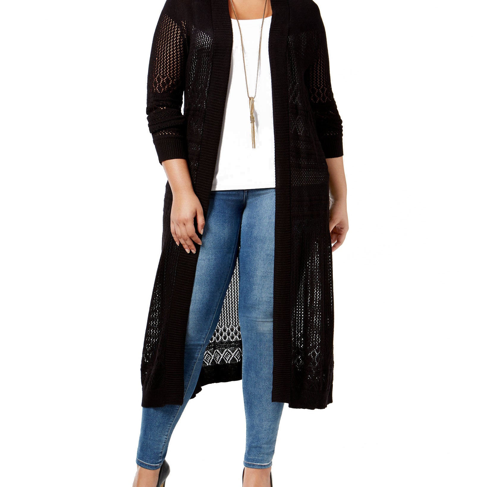 Style & Co Women Plus Belldini Pointelle Stitch Duster Cardigan Black