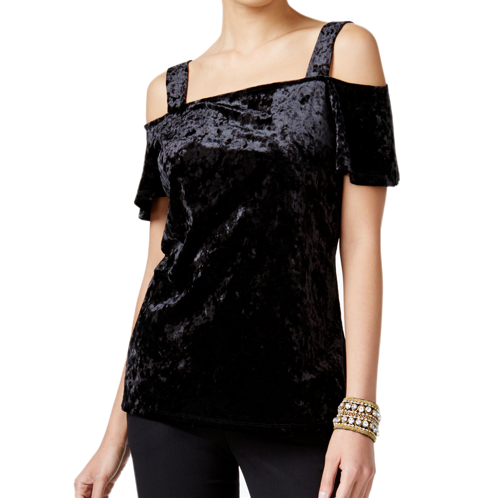 INC International Concepts Women Velvet Cold Shoulder Top Deep Black