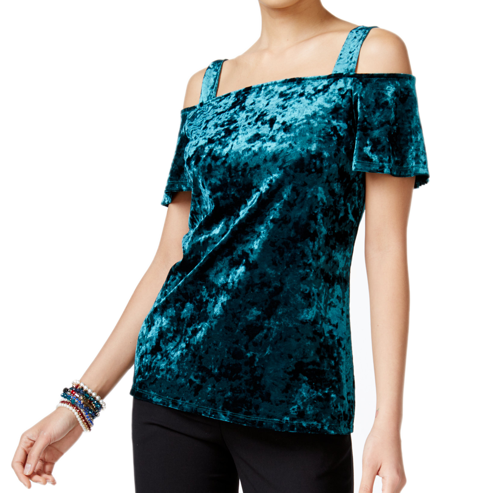 INC International Concepts Women Velvet Cold Shoulder Top Hunter Forest