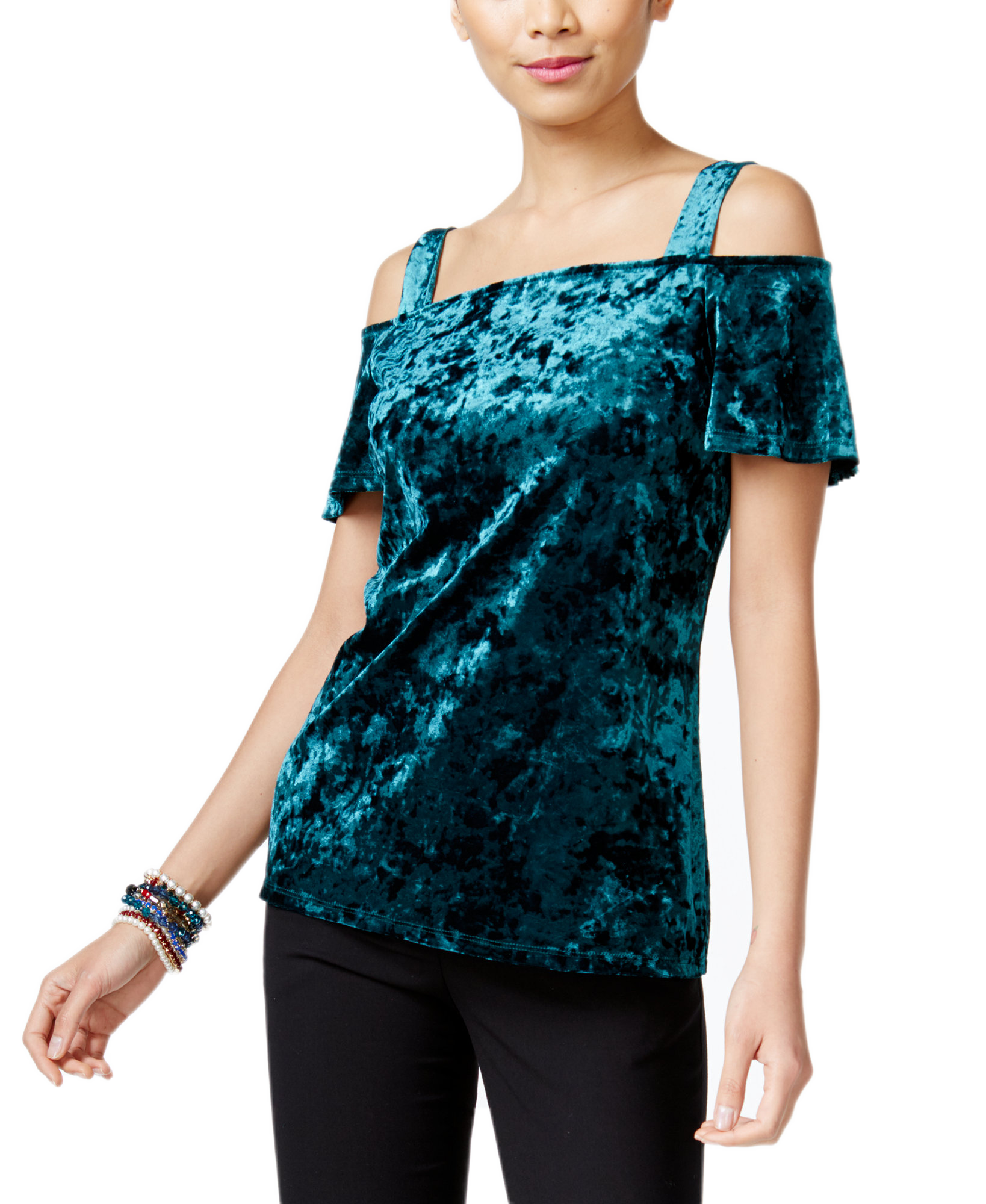 INC International Concepts Women Velvet Cold Shoulder Top Hunter Forest