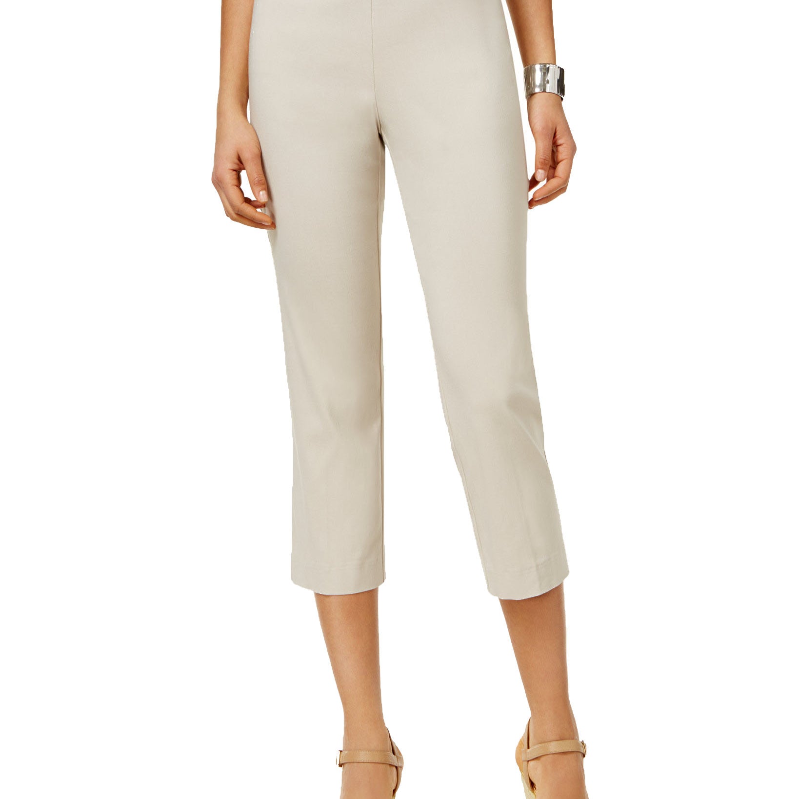 JM Collection Women Petite Rivet Detail Tummy Control Capri Pants Stonewall