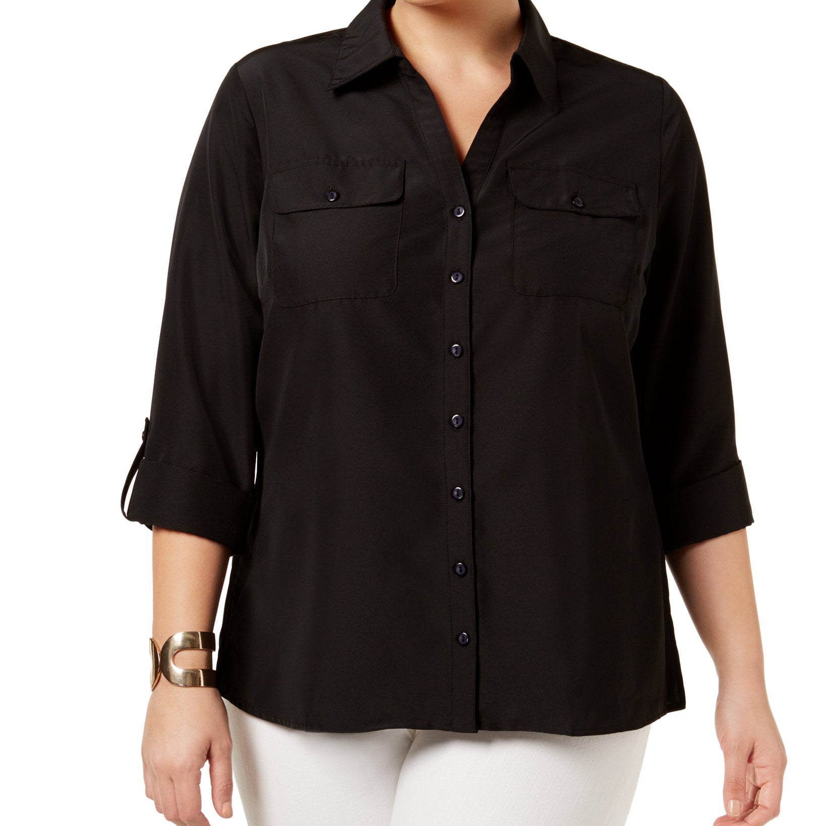 NY Collection Women Plus Utility Blouse Black