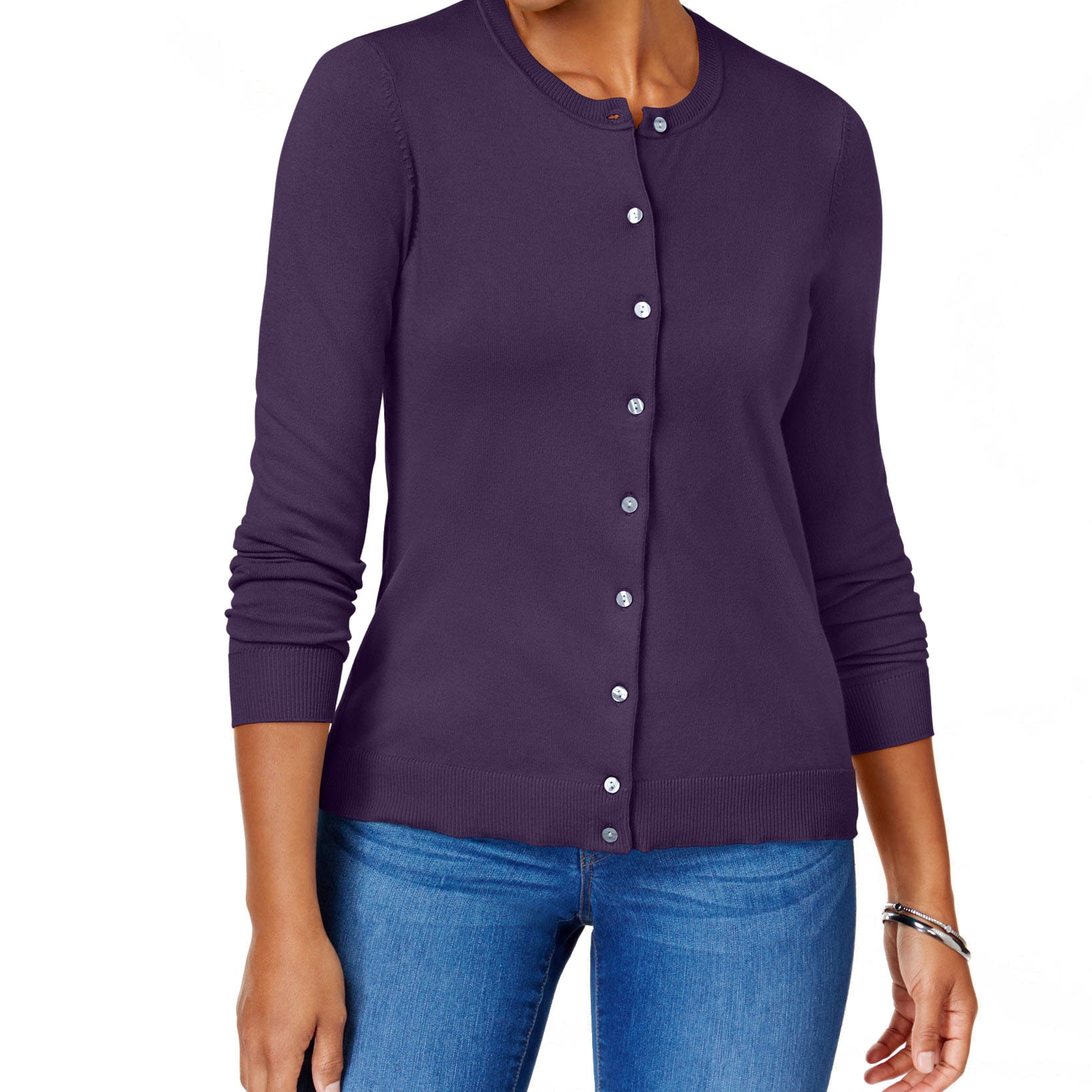 Karen Scott Women Crew Neck Cardigan Purple Dynasty