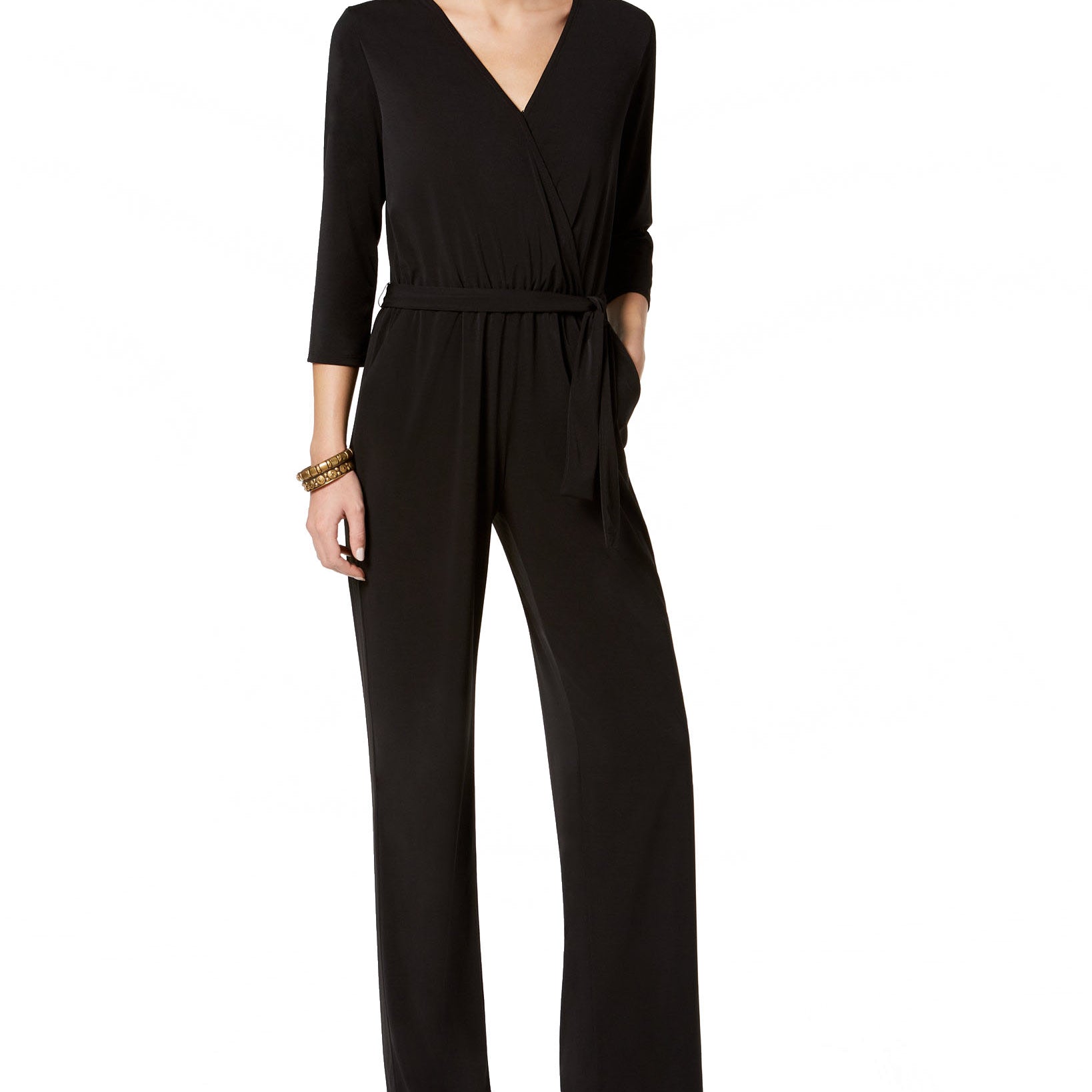 NY Collection Womens Petite Size Belted Jumpsuit Black