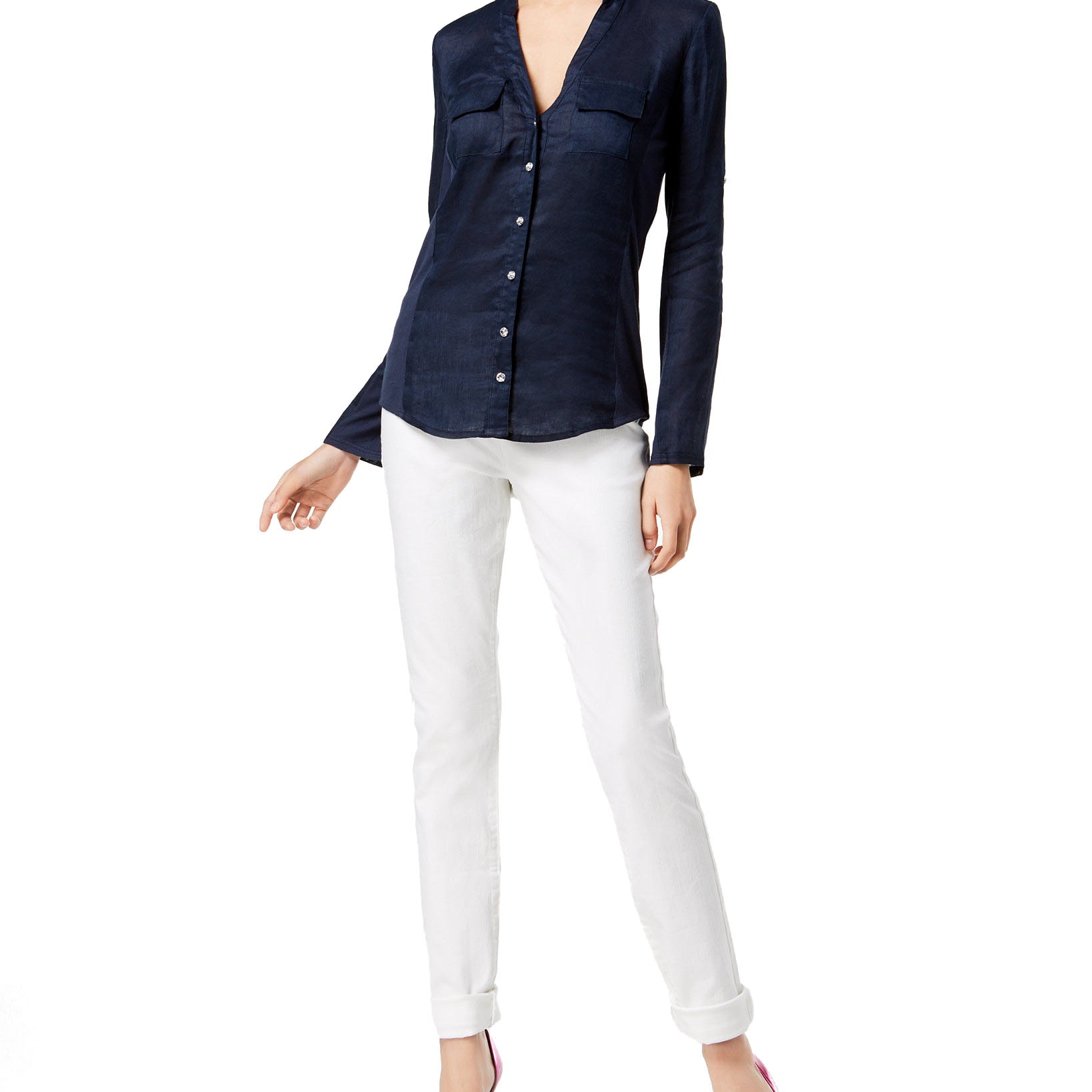 INC International Concepts Women Linen Blend Utility Shirt