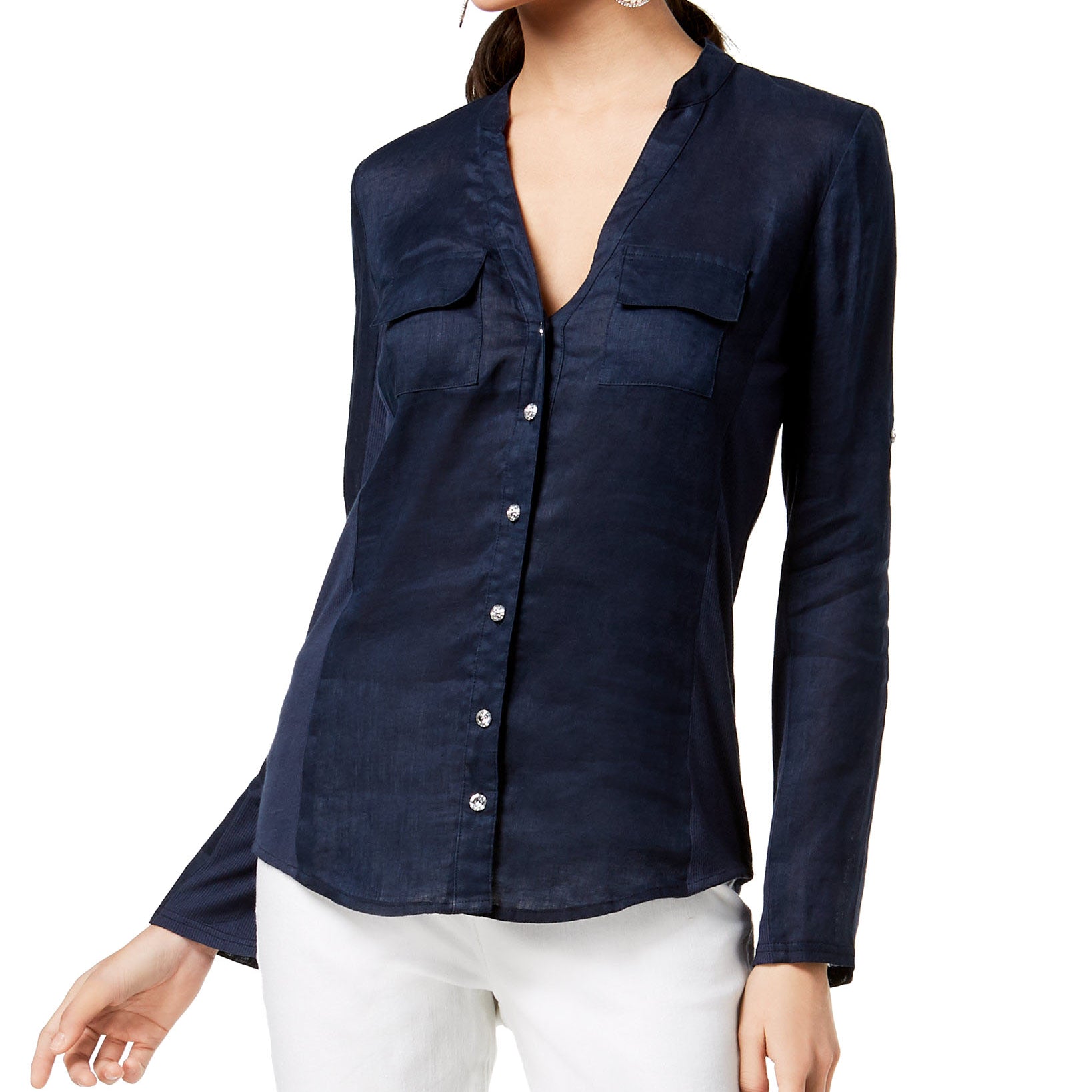 INC International Concepts Women Linen Blend Utility Shirt Deep Twilight