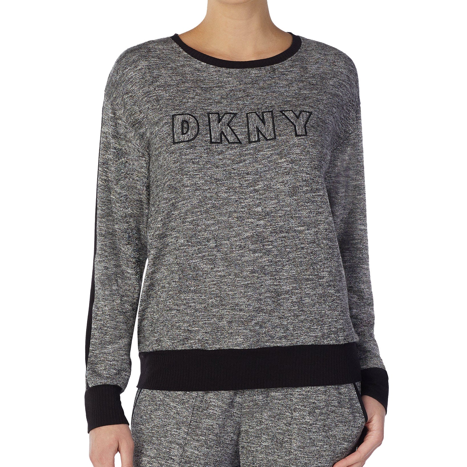 DKNY Women Logo Long Sleeve Knit Pajama Top Black Ivory