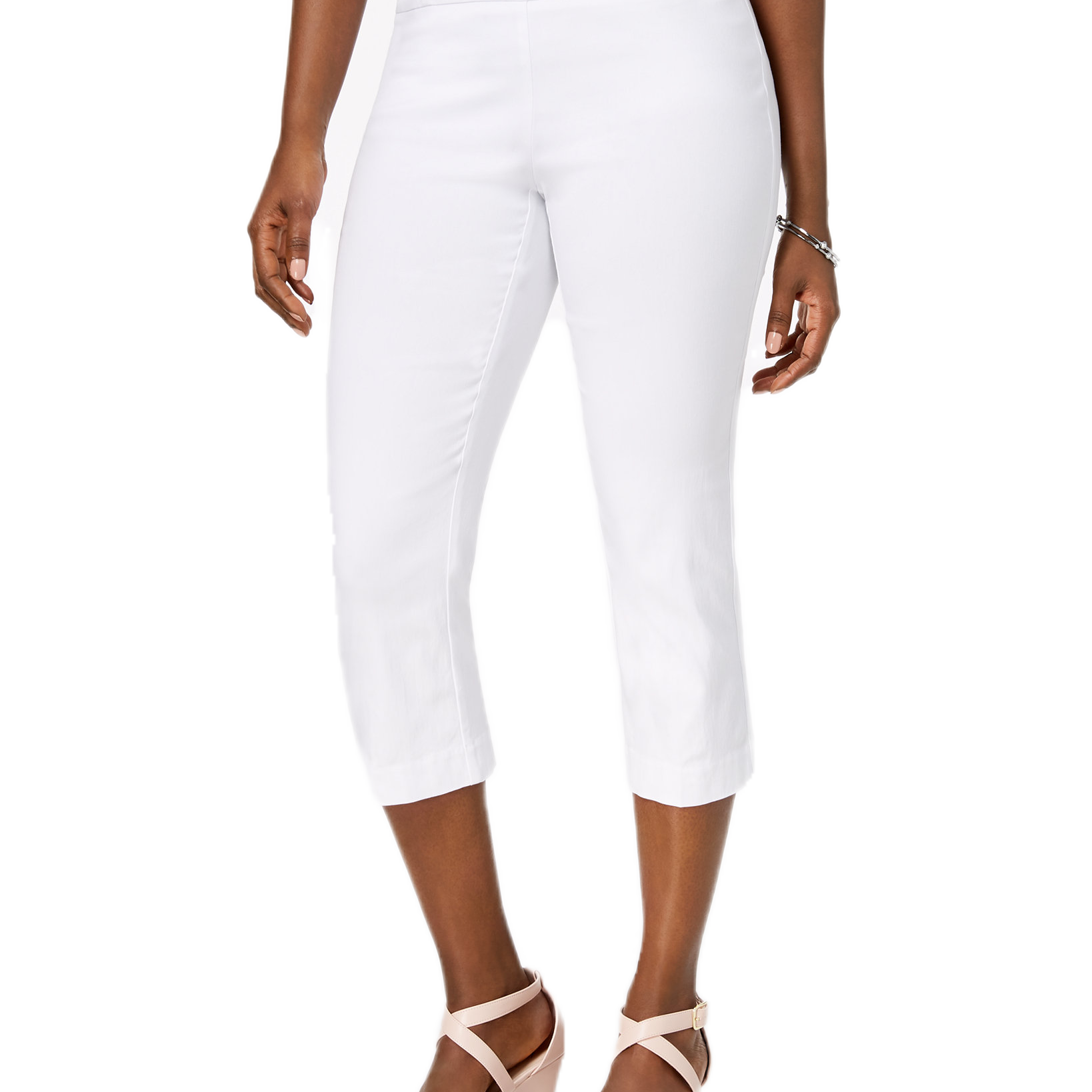 JM Collection Women Petite Rivet Detail Tummy Control Capri Pants Bright White