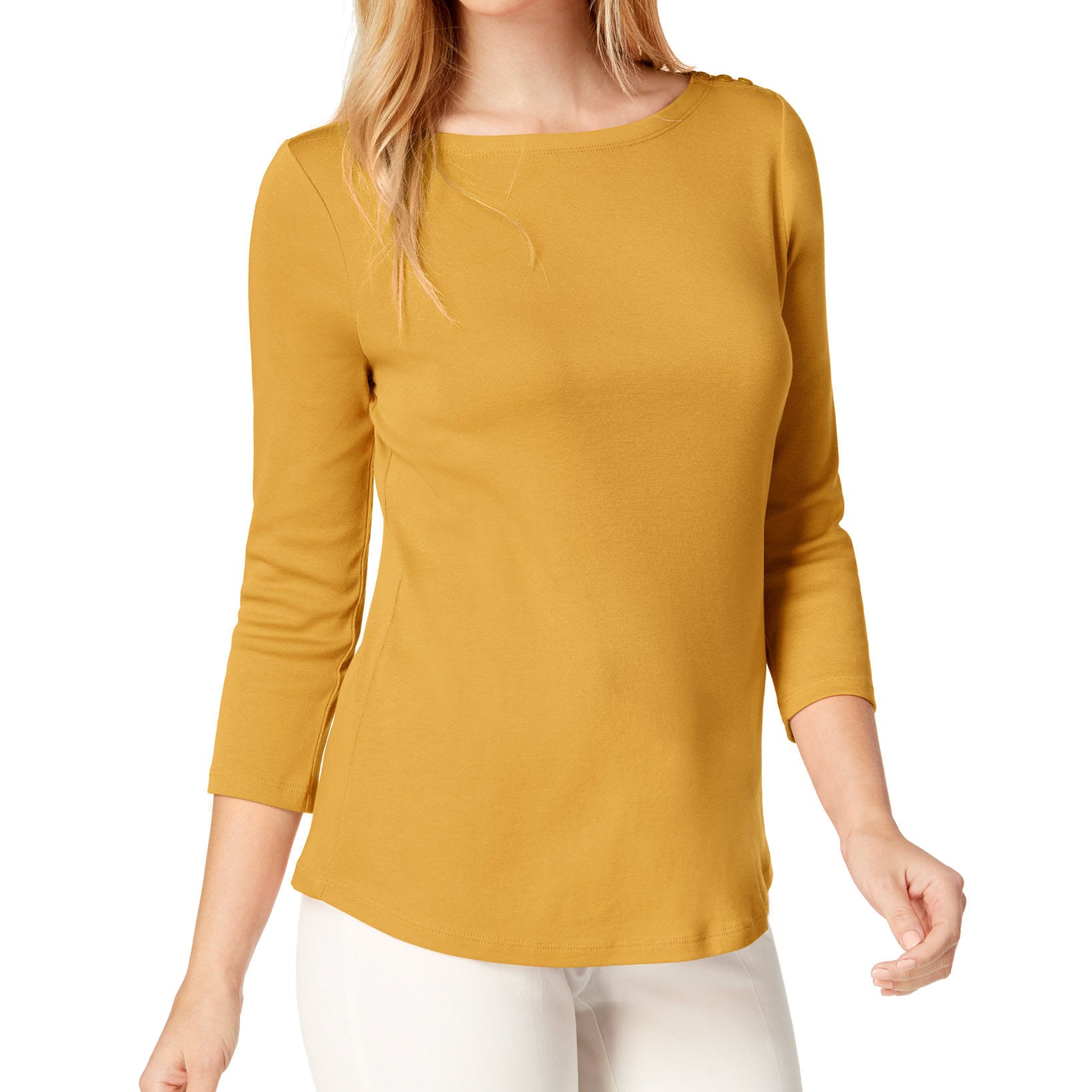Charter Club Women Pima Cotton Boat Neck Button Shoulder Top Honey Glaze
