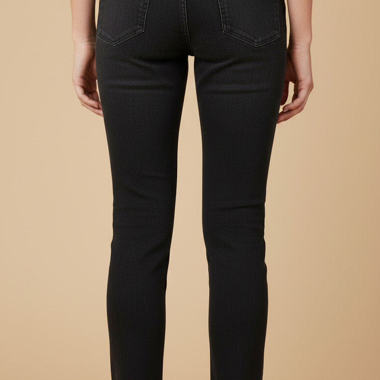 Person wearing black jeans and white sneakers on a beige background